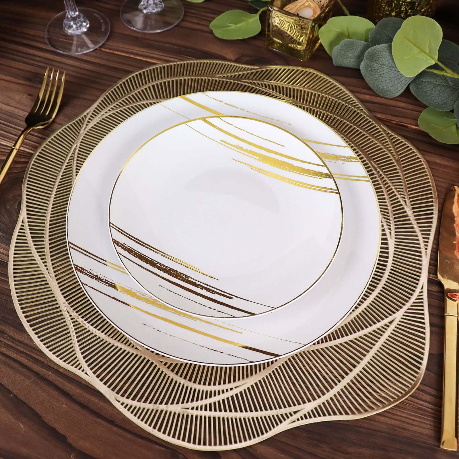 6-Pack Dining Table Mats Rose Flower Design Metallic Gold - Vinyl Round Non-Slip and Washable Table Mats 15