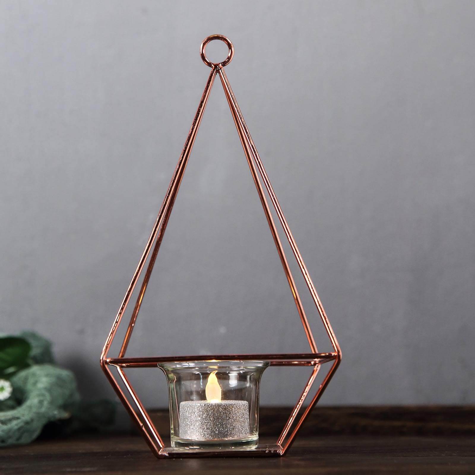 2-Pack Tealight Candle Holders Rose Gold Metal Pyramid Geometric Open Frame - Flower Stand 9