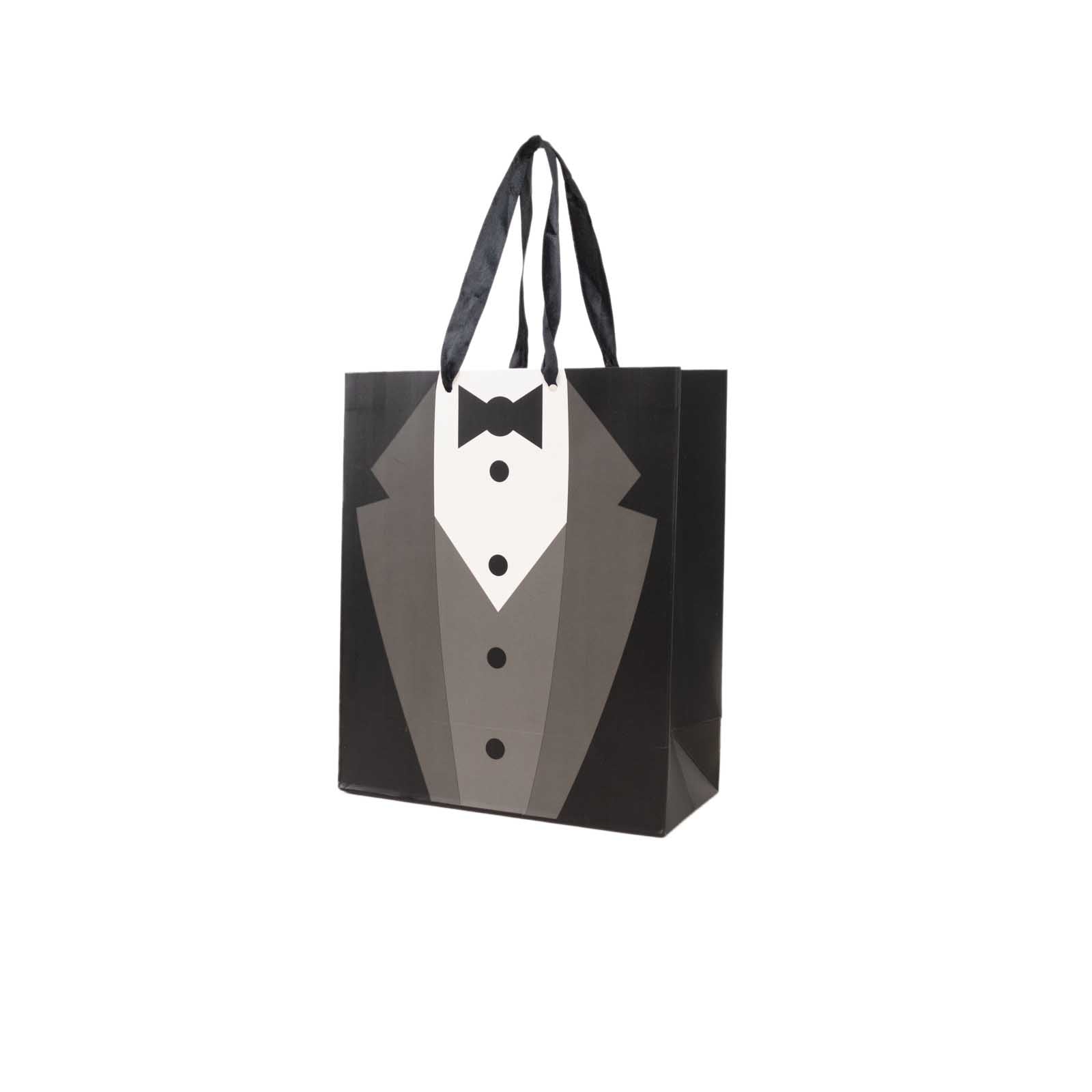 12 Pack White Black Tuxedo Paper Party Favor Goodie Bags With Satin Handles, Reusable Wedding Gift Tote Bags - 8x9