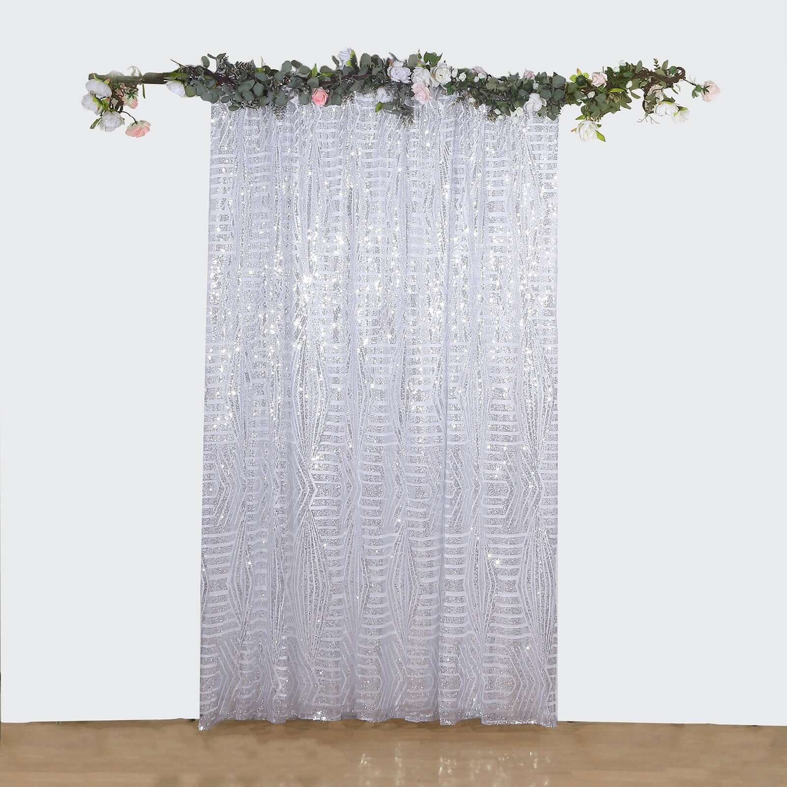 8ftx8ft Silver Geometric Sequin Event Curtain Drapes with Satin Backing, Seamless Opaque Sparkly Backdrop Event Panel in Diamond Glitz Pattern