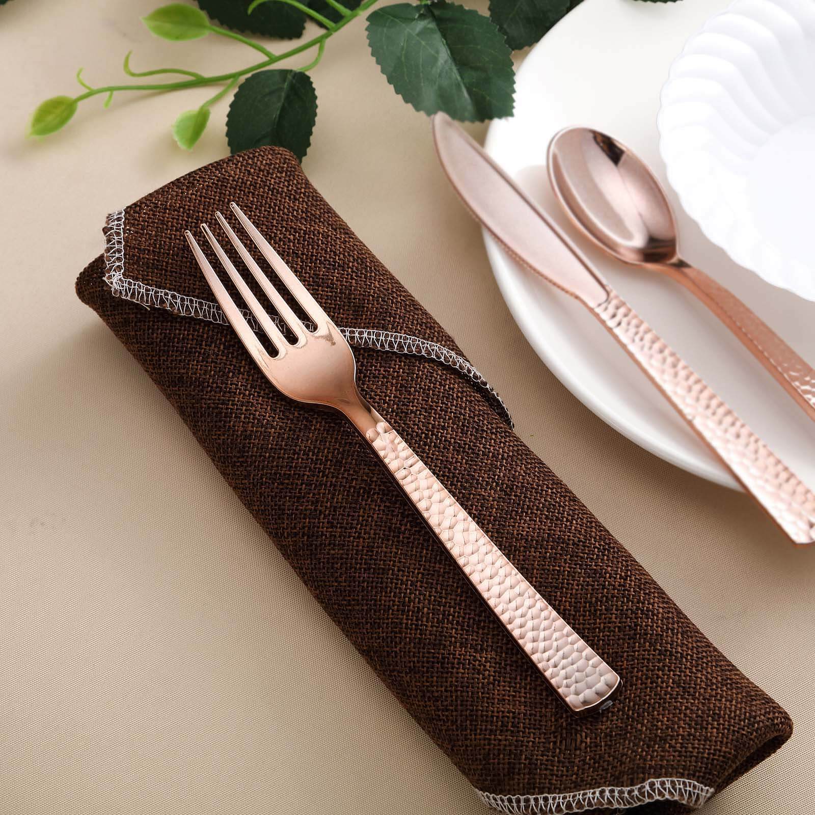 24-Pack Plastic Forks with Hammered Style Rose Gold - Heavy Duty Disposable Silverware 7