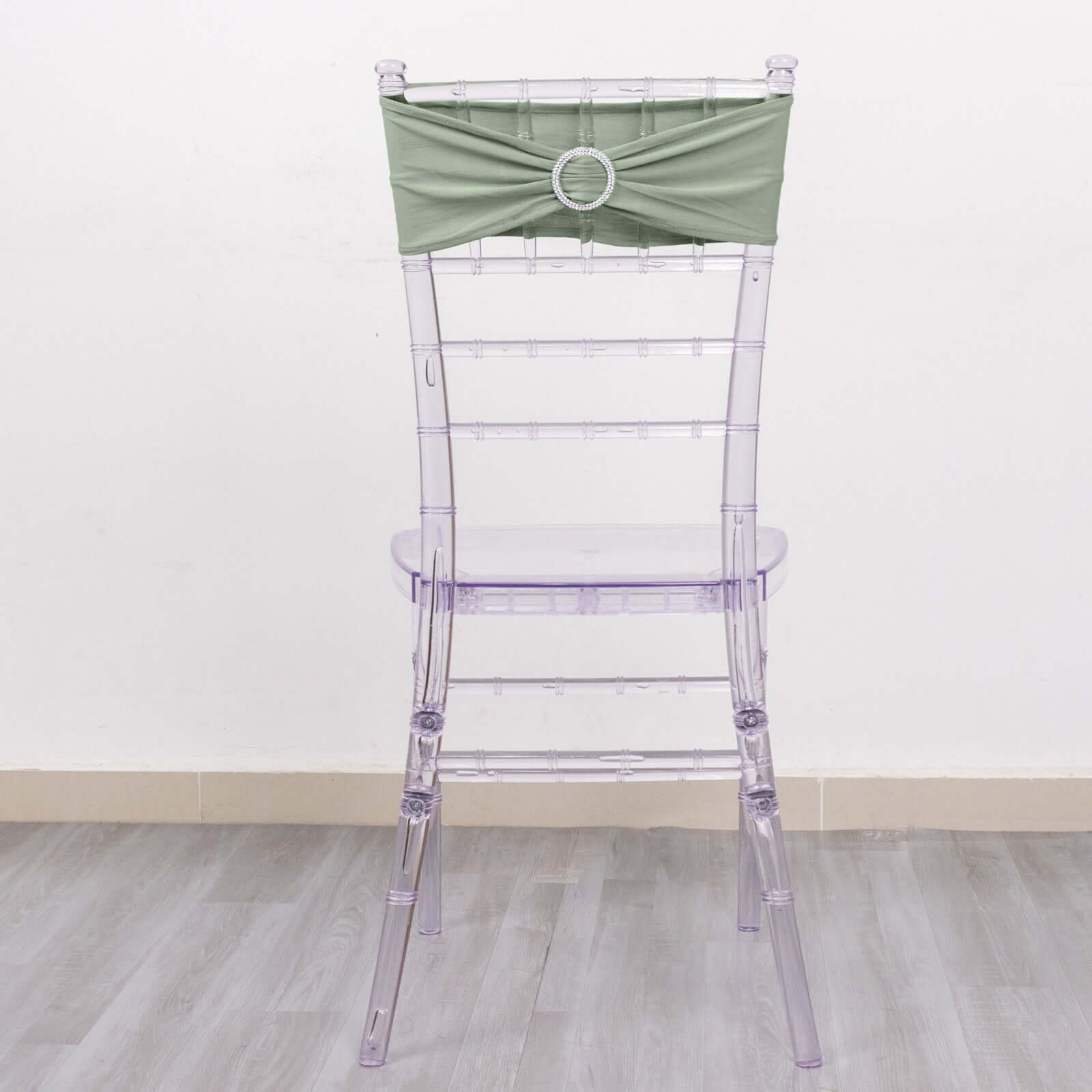 5 Pack Stretch Spandex Chair Sashes Sage Green - Reusable Chair Bands with Silver Diamond Ring Slide Buckle 5x14