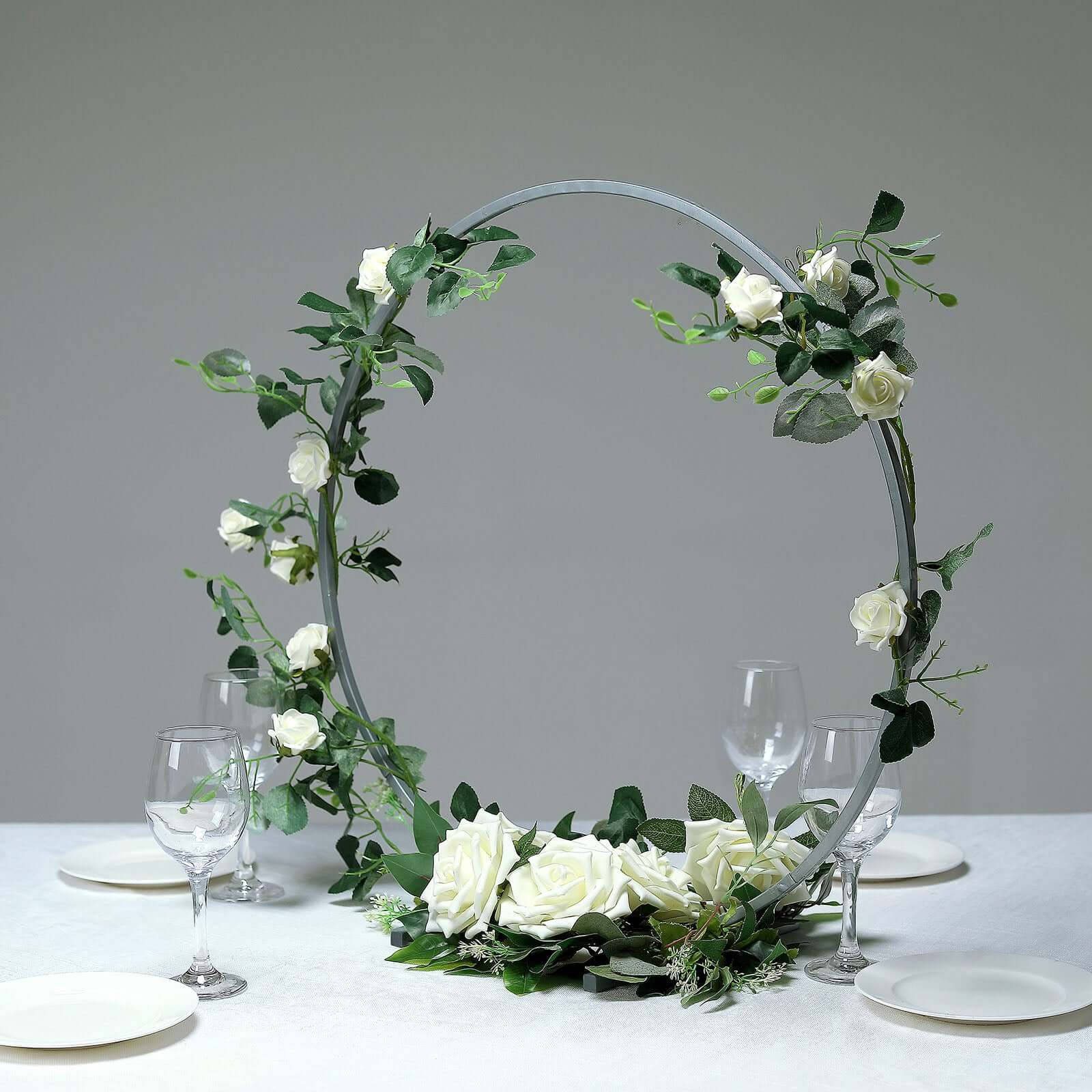 24 Silver Round Arch Wedding Centerpiece, Metal Hoop Wreath Tabletop Decor