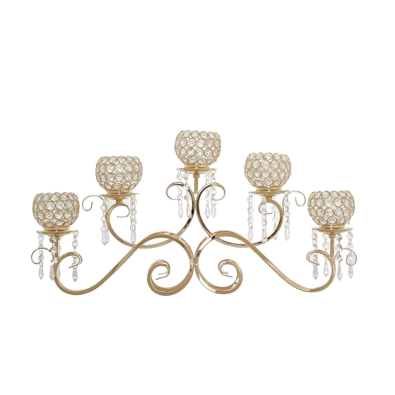 5-Arm Metal Candelabra Horizontal Design with Crystal Goblets Gold - Table Centerpiece for Events 27