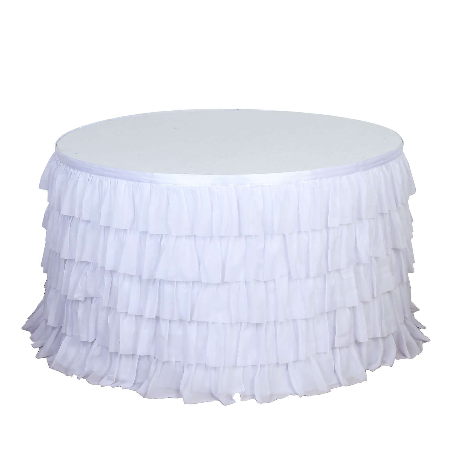 Chiffon 14ft Table Skirt White - 5-Tier Ombre Ruffled Tutu Table Cover with Satin Backing for Sophisticated Events