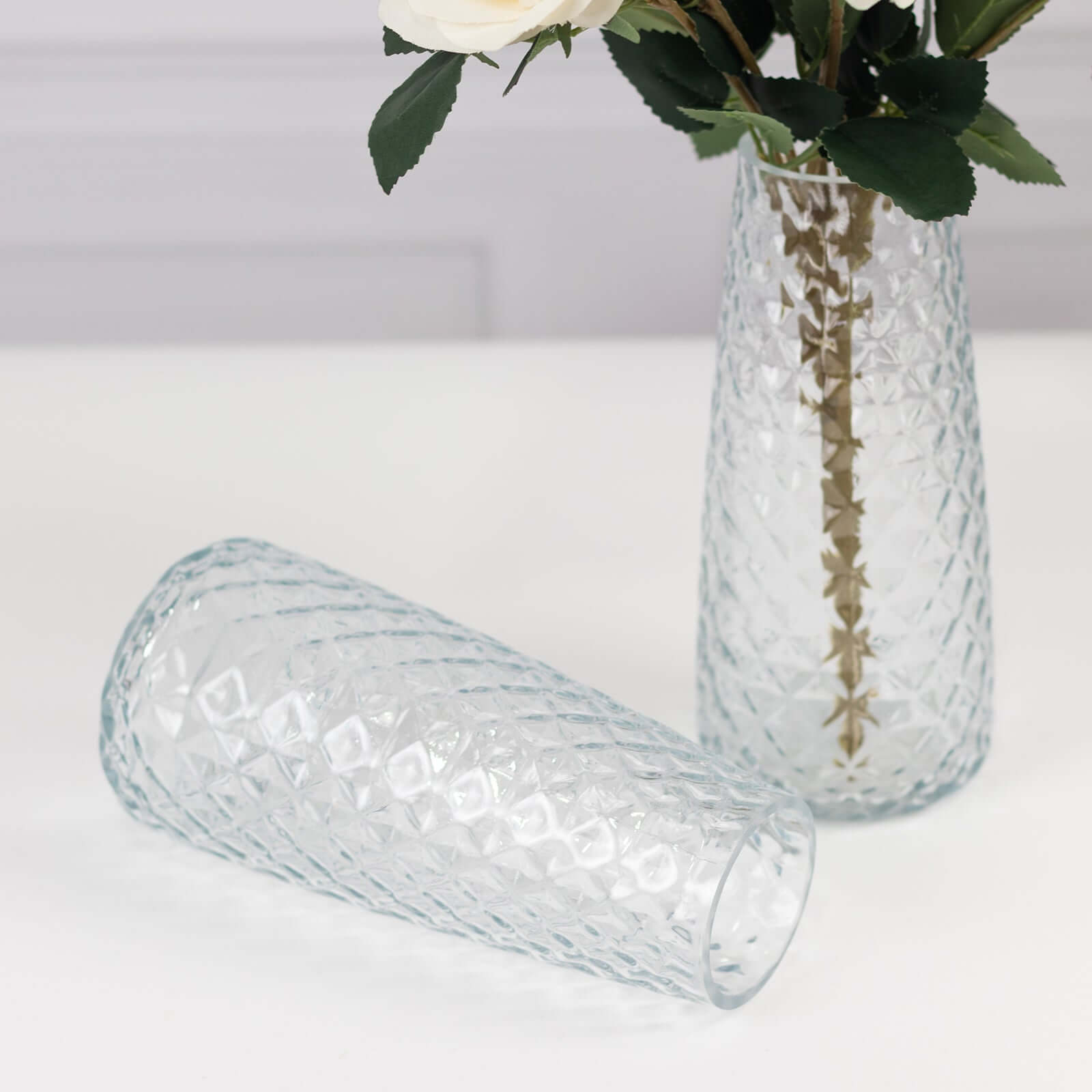 6-Pack Glass Urn Vases Clear with Diamond Crystal Cut Pattern - Stylish Decorative Design for Event Decor 8.5