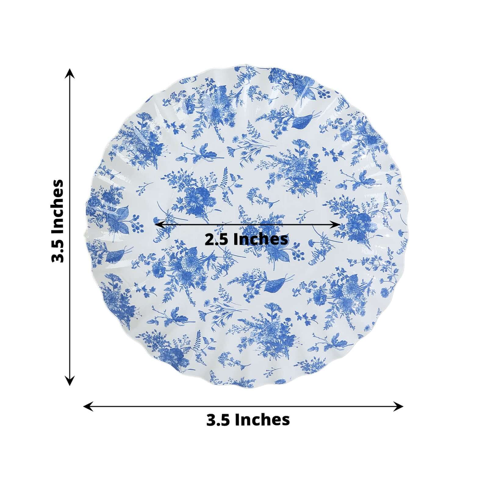 100-Pack Paper 3.5 Round Plates in White with Blue French Toile Design & Scalloped Rim - Disposable Mini 250GSM Dessert Party Plates for Tapas, Appetizers & Finger Foods