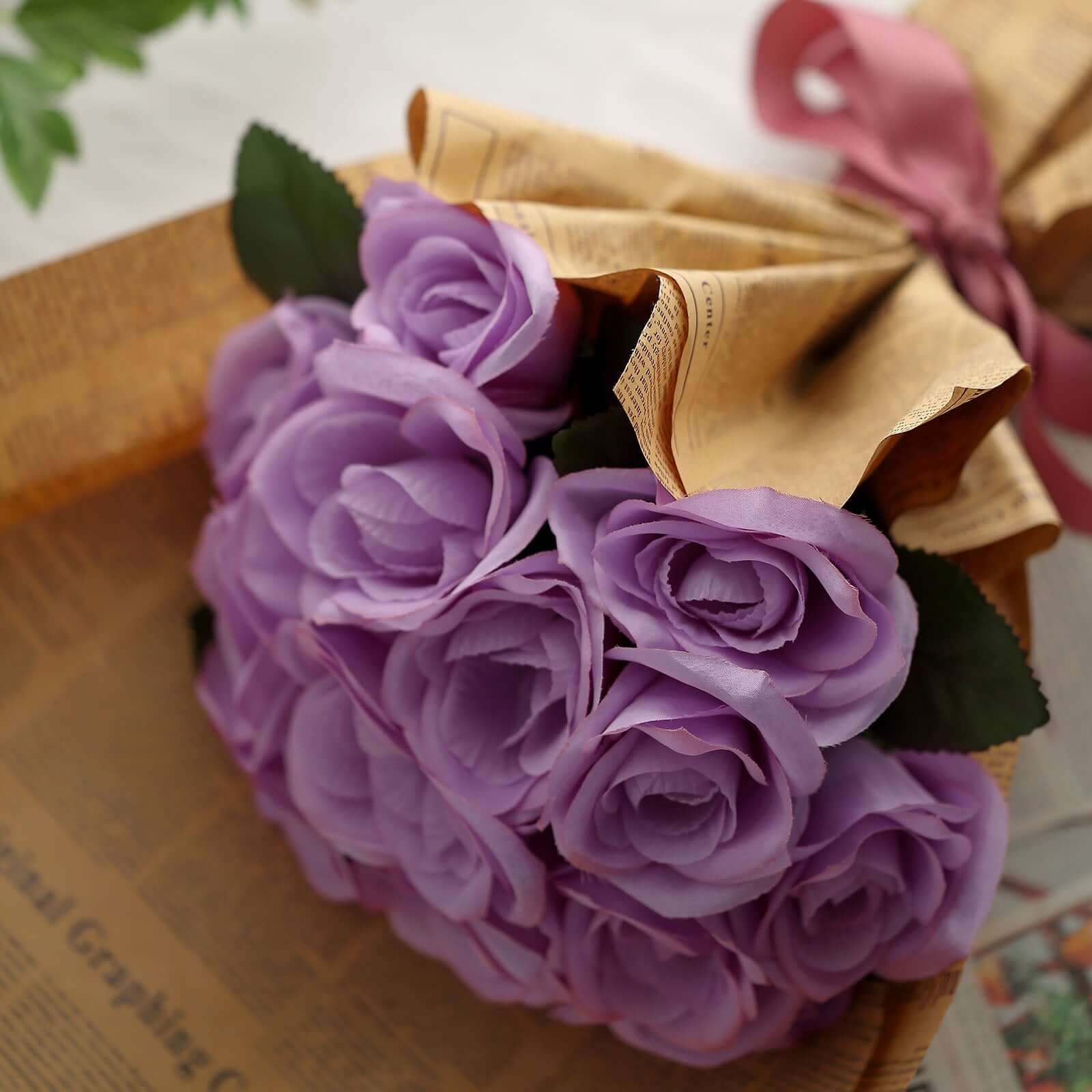 12 Lavender Lilac Artificial Velvet-Like Fabric Rose Flower Bouquet Bush
