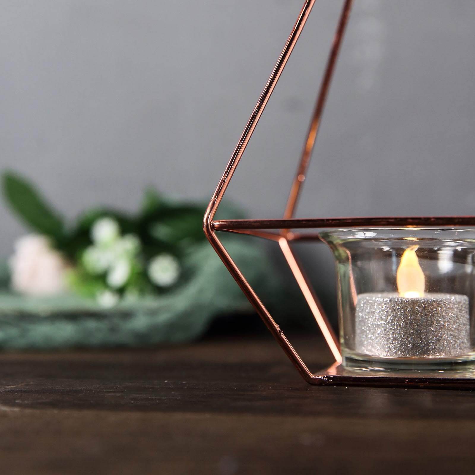 2-Pack Tealight Candle Holders Rose Gold Metal Pyramid Geometric Open Frame - Flower Stand 9