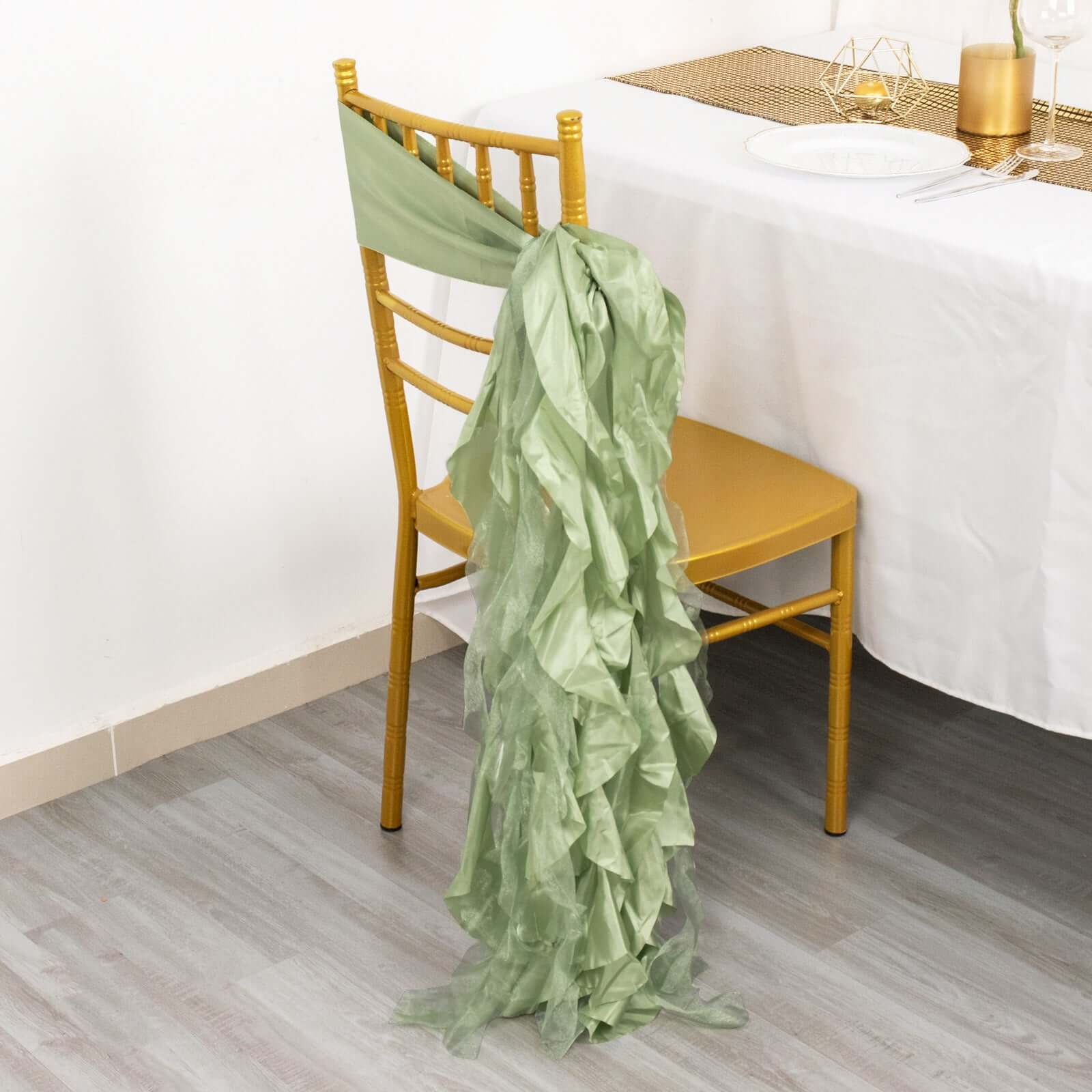 5 Pack Chiffon Satin Chair Sashes Sage Green - Easy to Install Ruffled Curly Willow