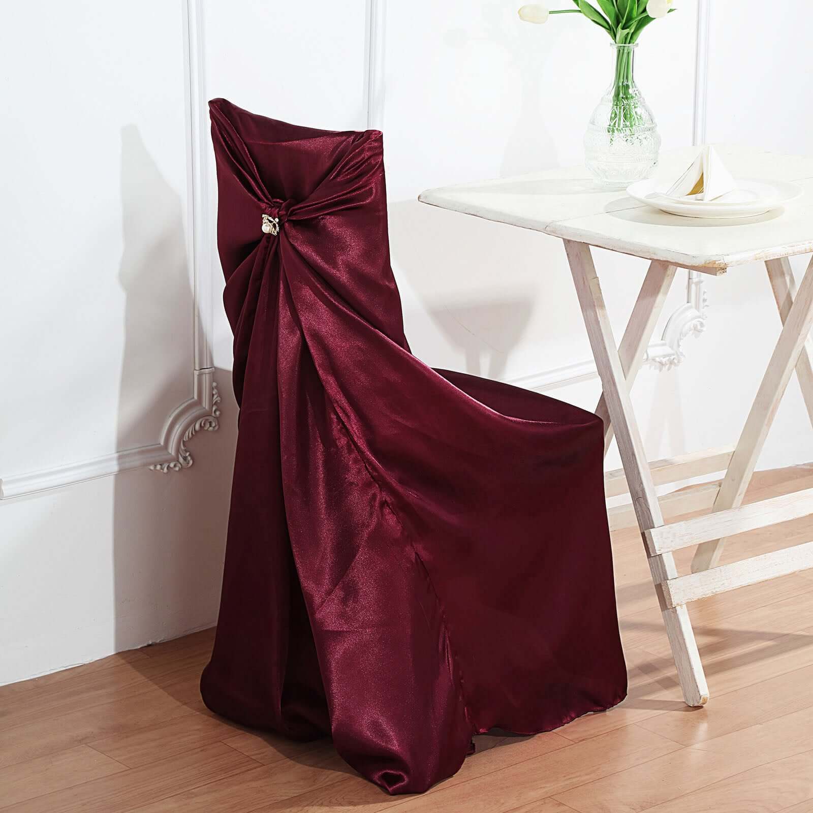 Satin Chair Cover Self-Tie Universal Design Burgundy - Durable Slip-On Cover for Folding, Dining, Banquet & Standard Chairs