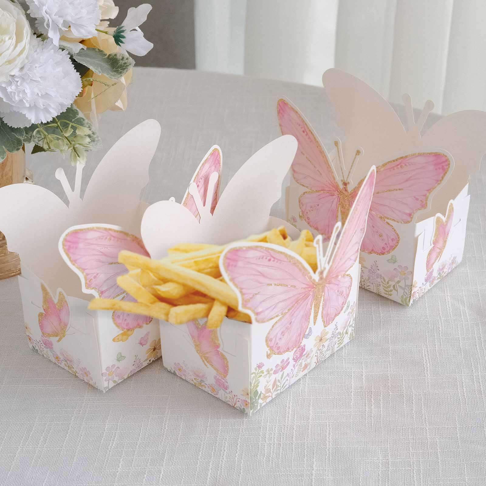 25-Pack Disposable Food Trays White/Pink Glitter Butterfly Design Cardstock - Whimsical Disposable Serving Tray Food Boats for Girls Birthday Baby Shower Party Supplies 6x7