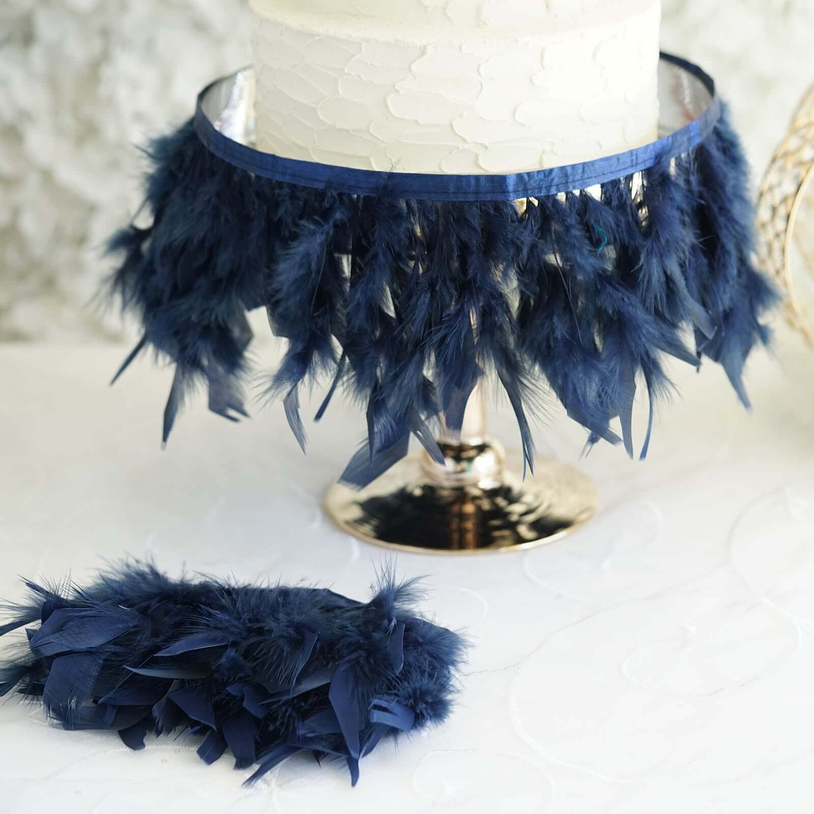 39 Navy Blue Real Turkey Feather Fringe Trim With Satin Ribbon Tape