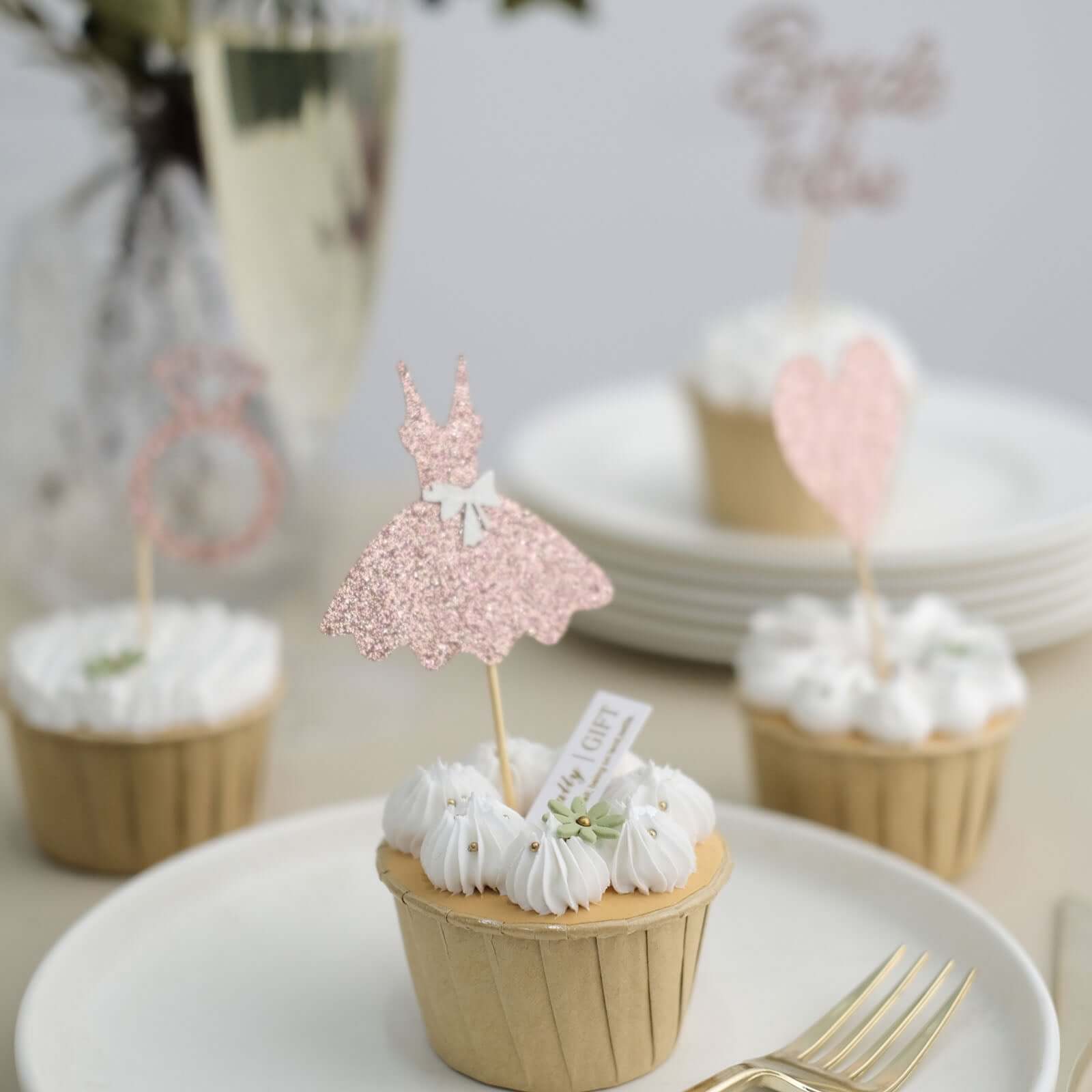 24-Pack Cupcake Topper Picks Bridal Shower Design Rose Gold Glitter - Wedding Cake Decoration Supplies Assorted Styles