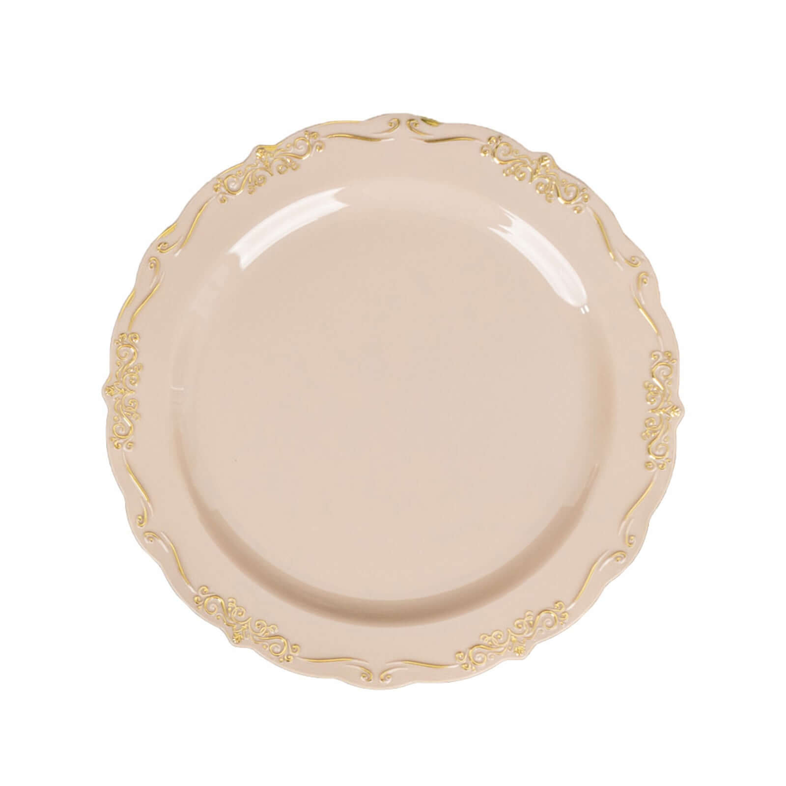 10-Pack Plastic 7 Round Dessert Plates in Taupe with Gold Vintage Embossed Rim - Sturdy Disposable Scalloped Edge Salad Plates