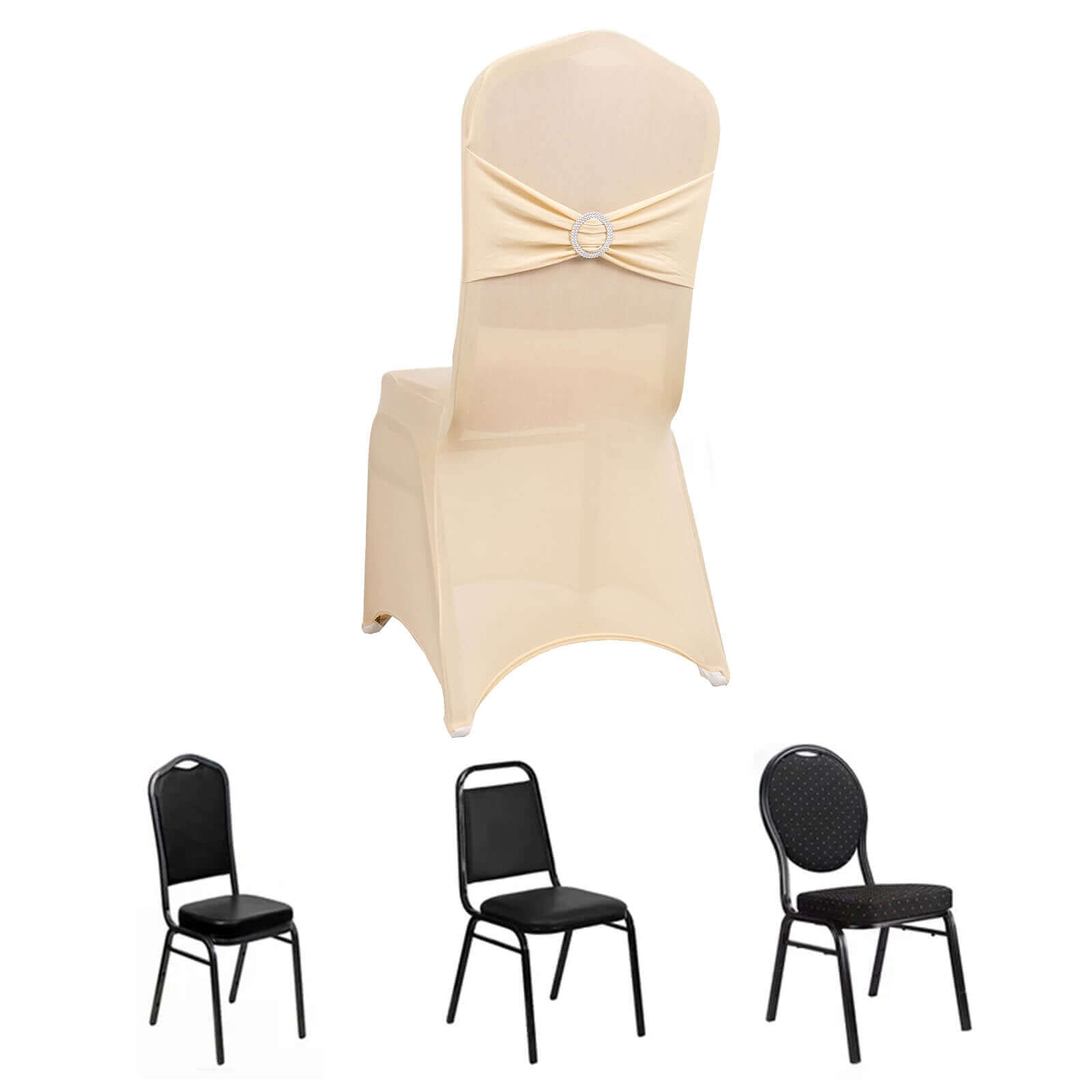 Spandex Chair Cover with Beige Rhinestone Buckled Sash Band Blush - Stretch Fitted Slipcover