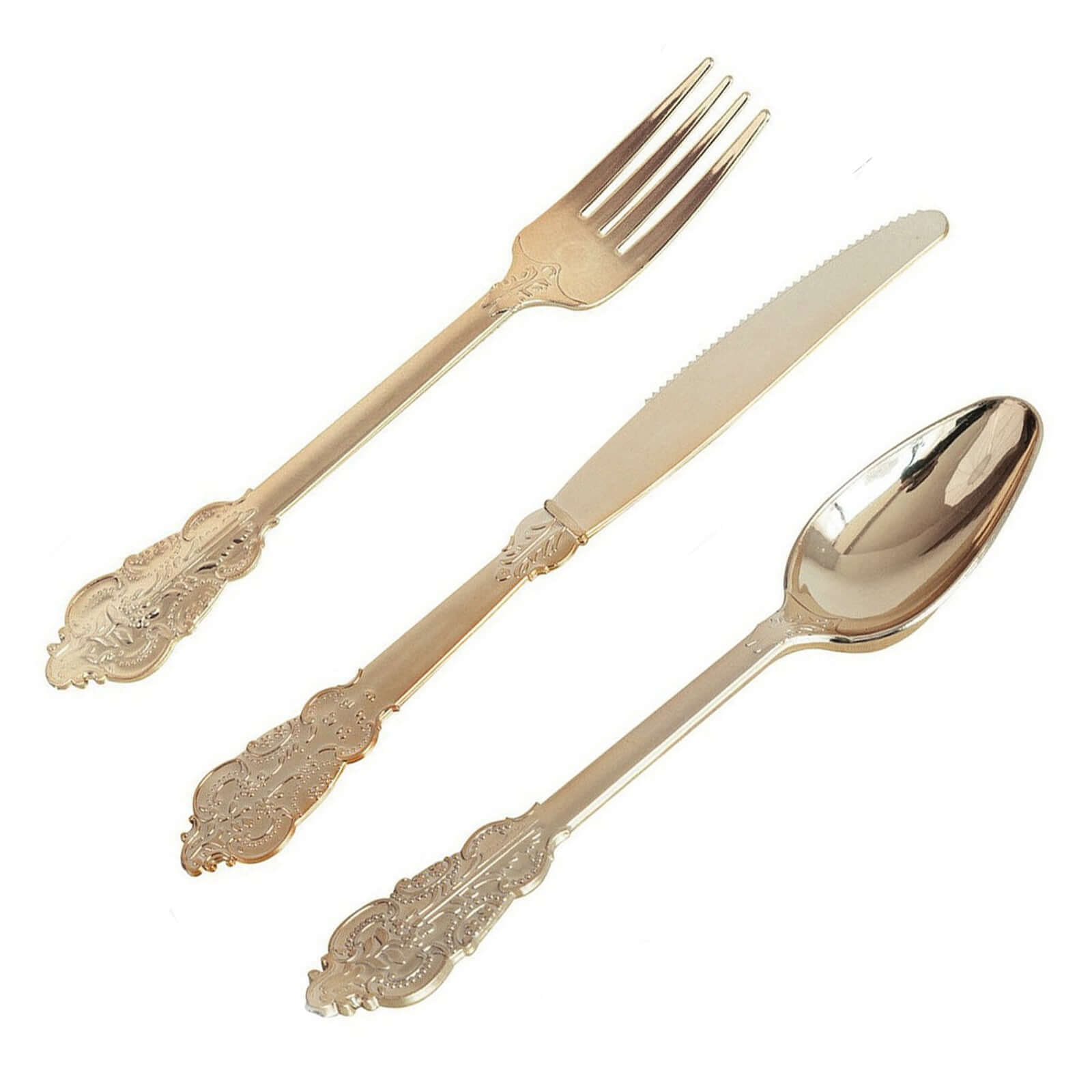 72 Pcs Plastic Silverware Set in Baroque Style Metallic Gold - Heavy Duty Disposable Knife, Fork, and Spoon Set