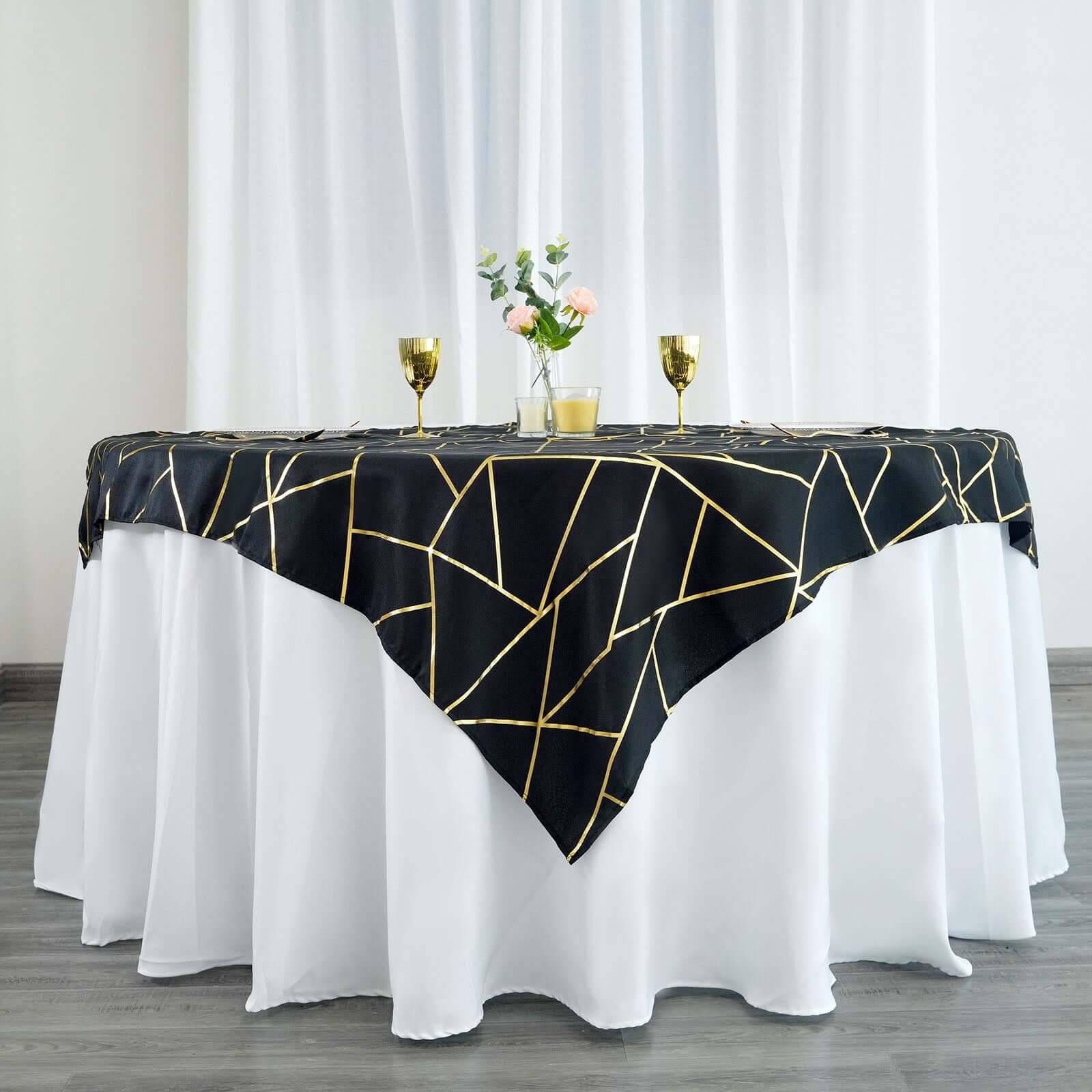 Polyester 54x54 Table Overlay Square Tablecloth Black with Gold Foil Geometric Pattern - Wrinkle-Resistant & Durable Table Topper