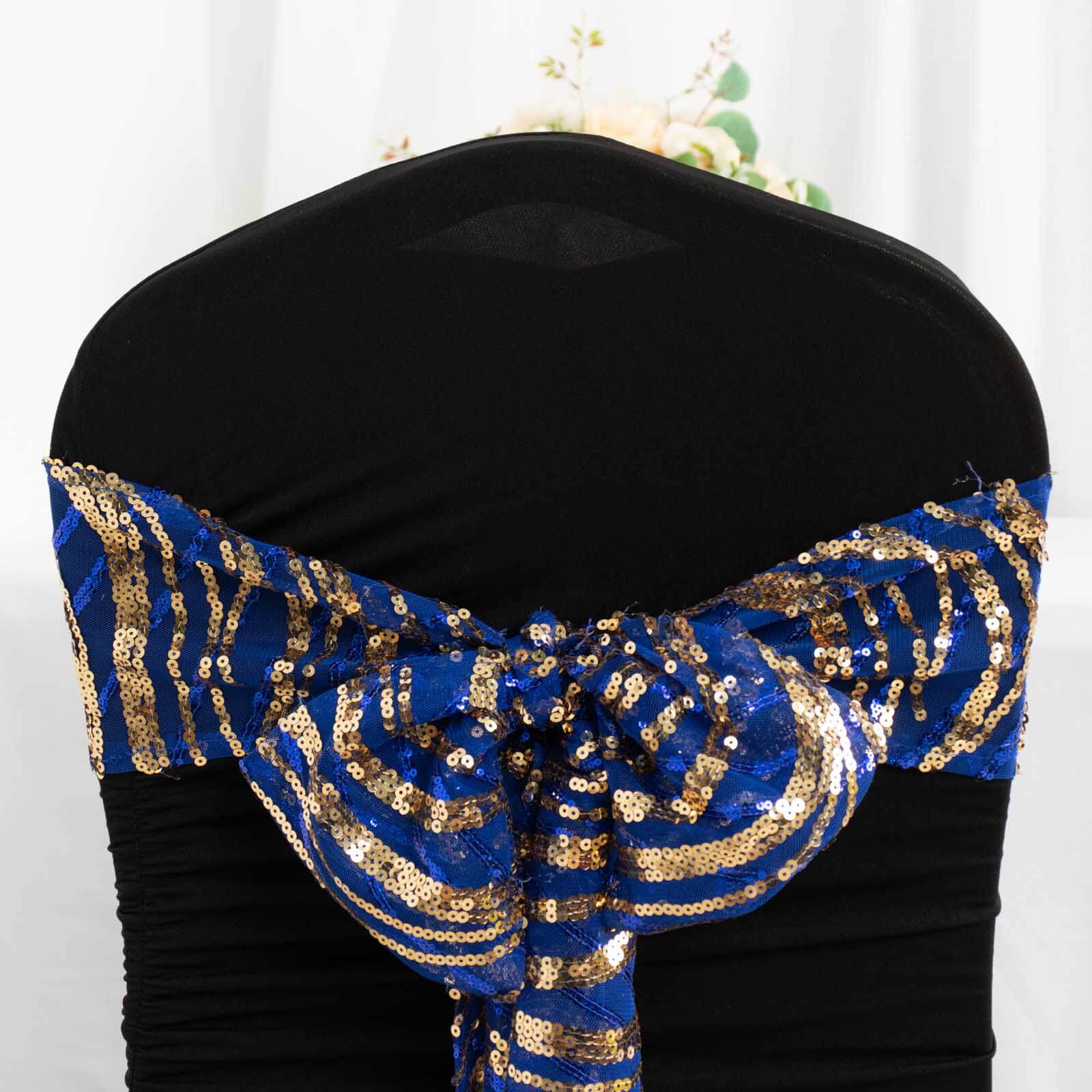 5 Pack Chair Sashes with Wave Embroidered Sequins Royal Blue/Gold 6x88