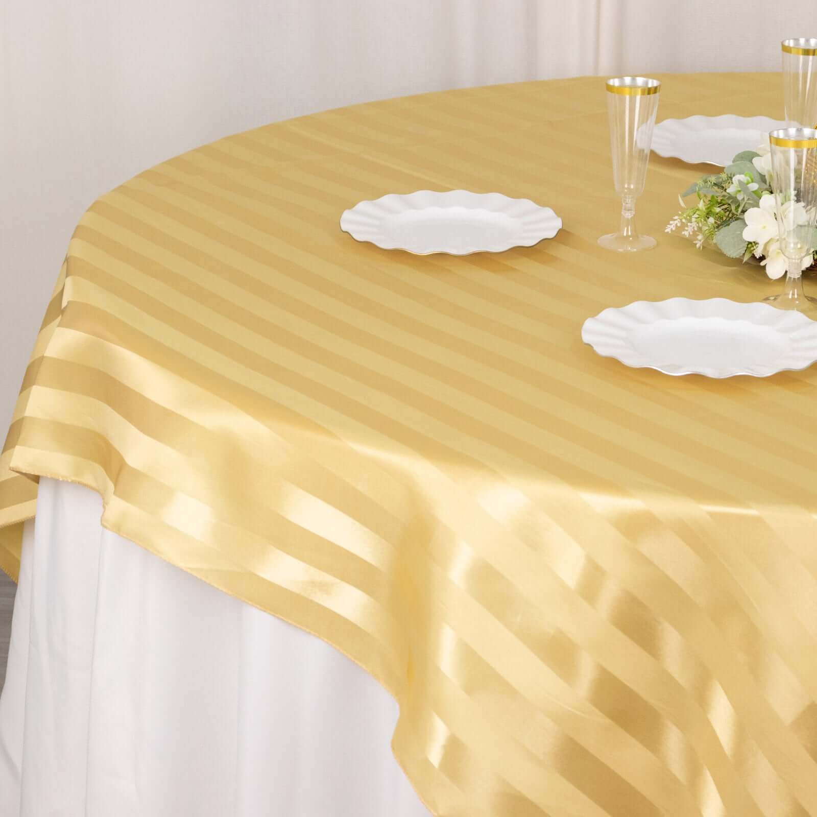 Satin 72x72 Table Overlay Square Tablecloth Champagne - Stripe Table Topper
