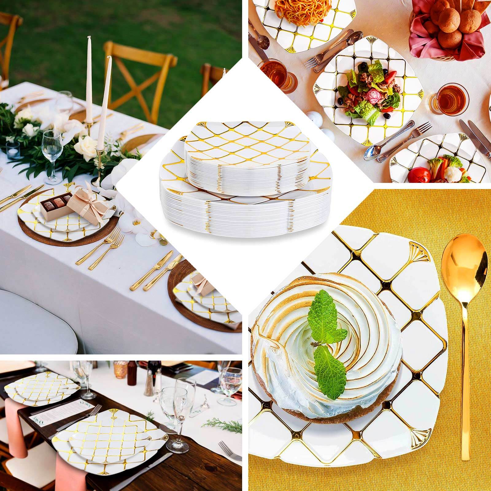 10-Pack Plastic 10 Square Dinner Plates in White with Gold Diamond Lattice Pattern - Disposable Party Plates for Weddings, Banquets & Special Events