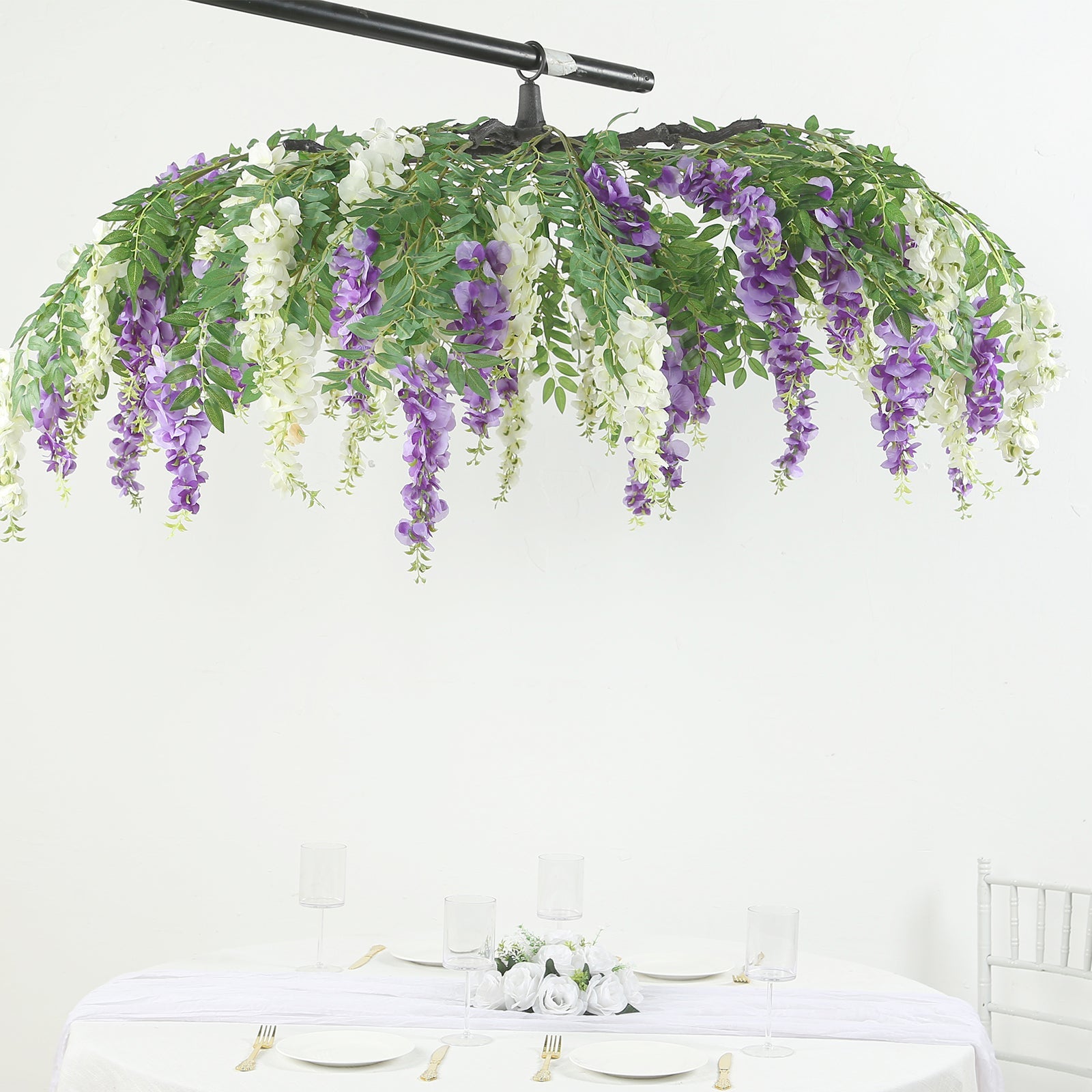 55 Cream Purple Artificial Silk Wisteria Vine Round Hanging Canopy, Draping Garland Flower Chandelier With Interchangeable Branches