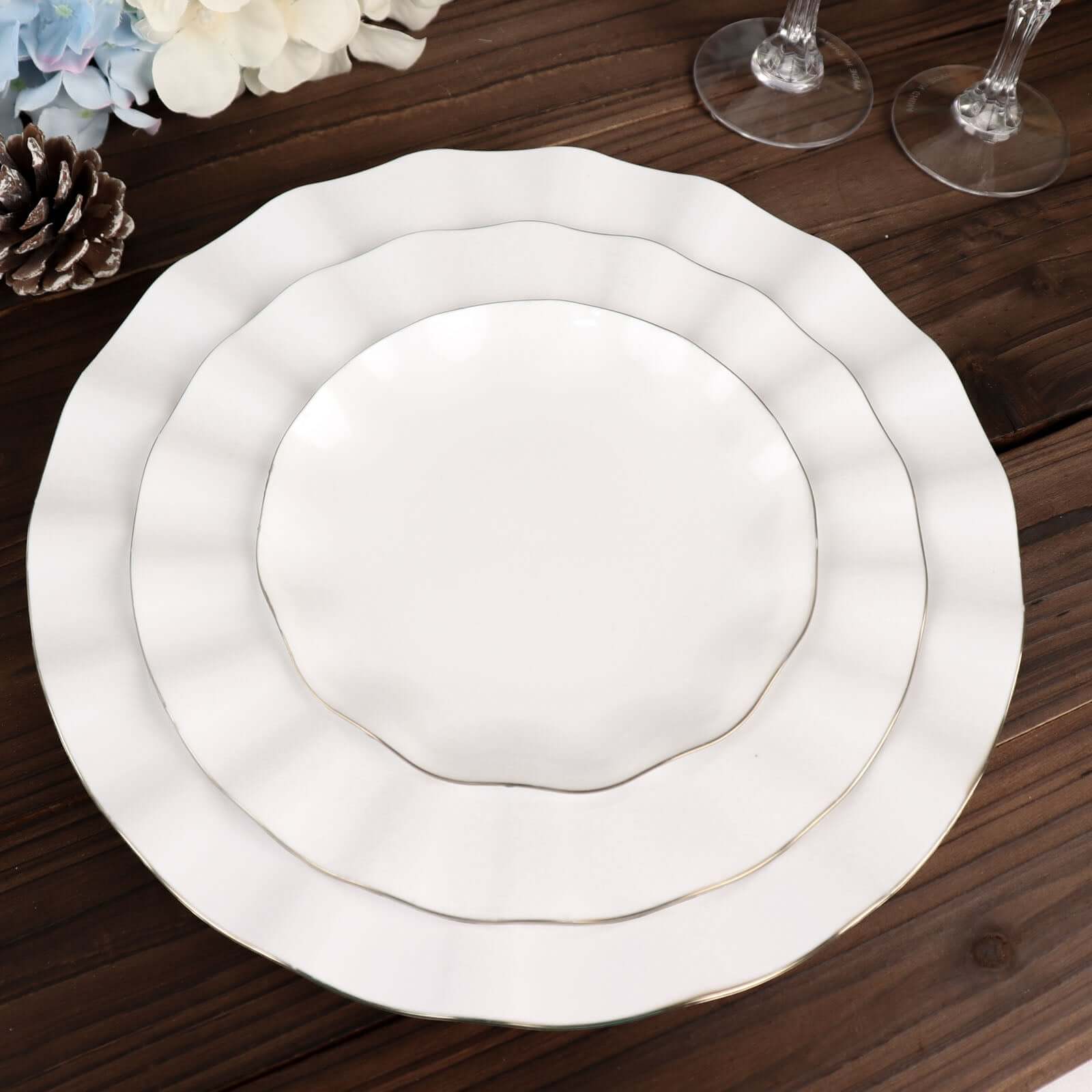 10-Pack Plastic Round 6 Dessert Plates in White Ruffled Rim with Gold Edging - Sturdy Disposable Salad Appetizer Dinnerware for Classy Events & Banquets