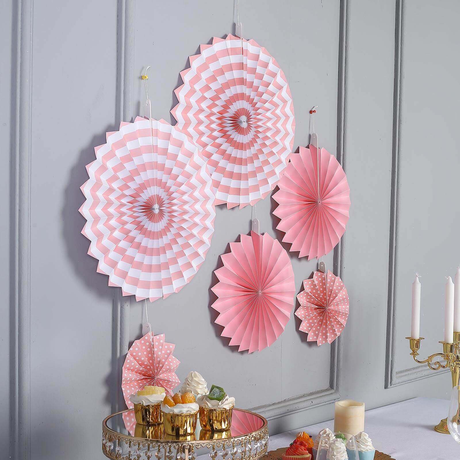 Set of 6 Pink Hanging Paper Fan Decorations, Pinwheel Wall Backdrop Party Kit - 8, 12, 16