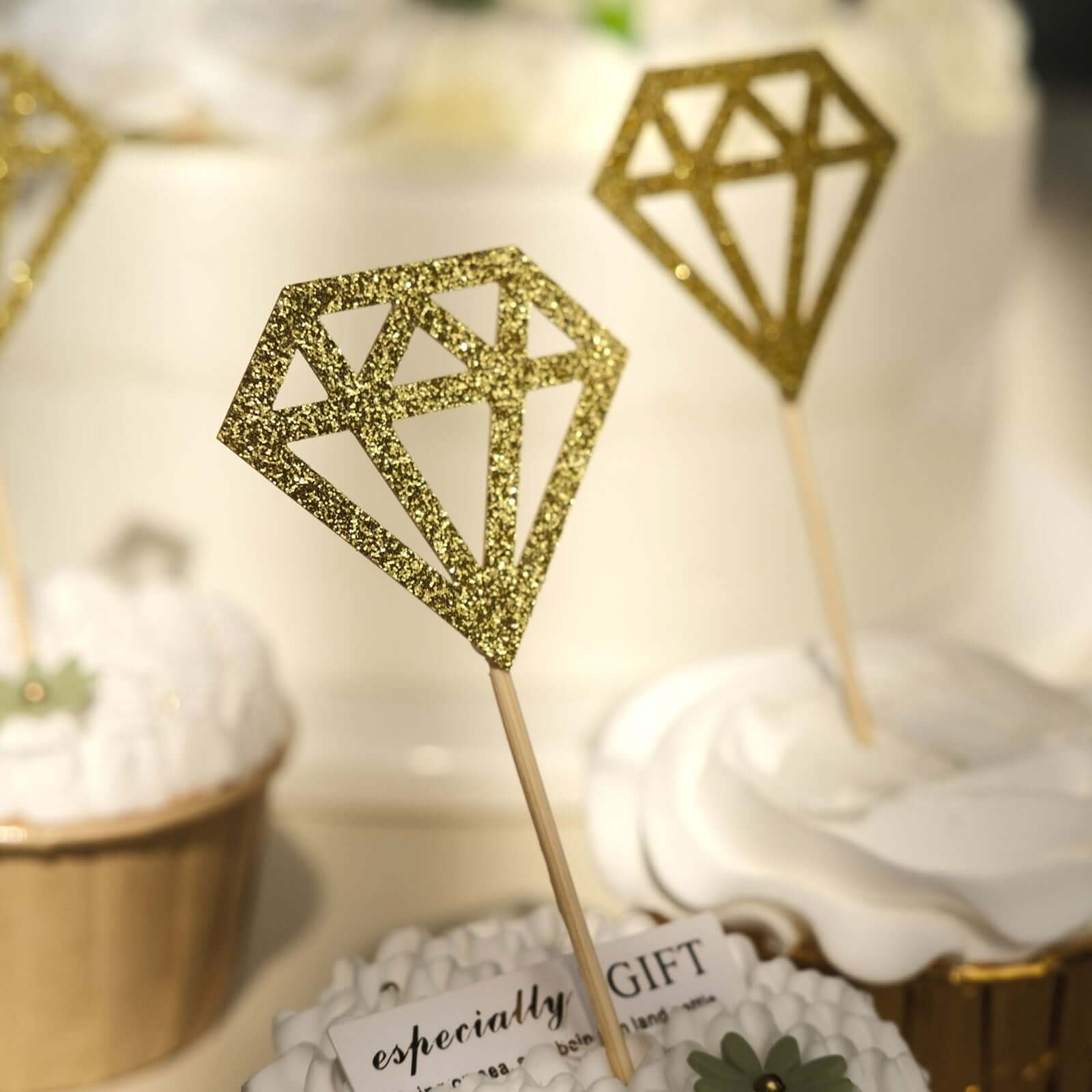 24-Pack Cupcake Toppers Diamond Ring Design Glitter Gold - Party Cake Picks Engagement Decoration Supplies