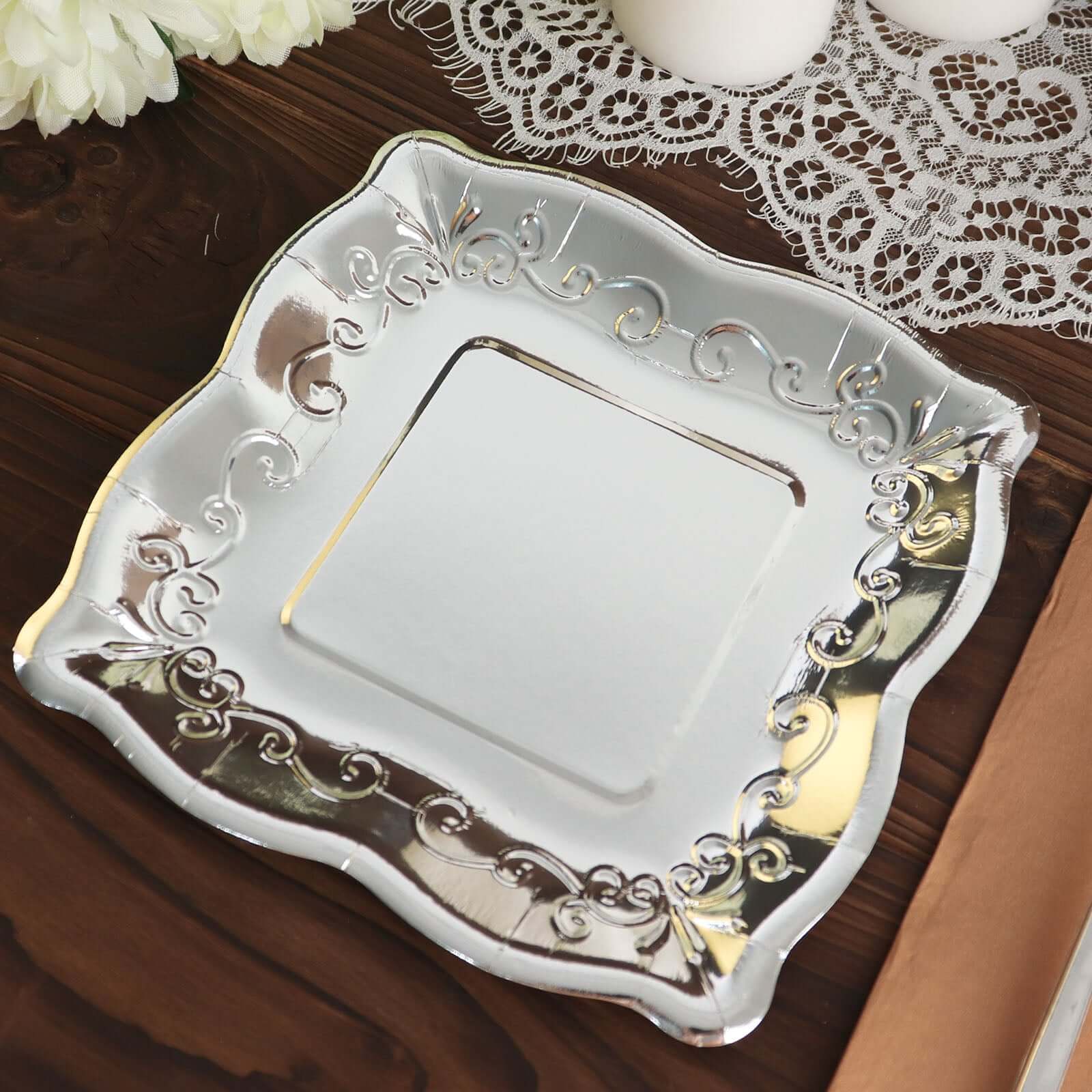 25-Pack Paper 7 Square Dessert Plates in Silver with Vintage Pottery Embossed Design - Shiny Metallic Disposable Appetizer Plates