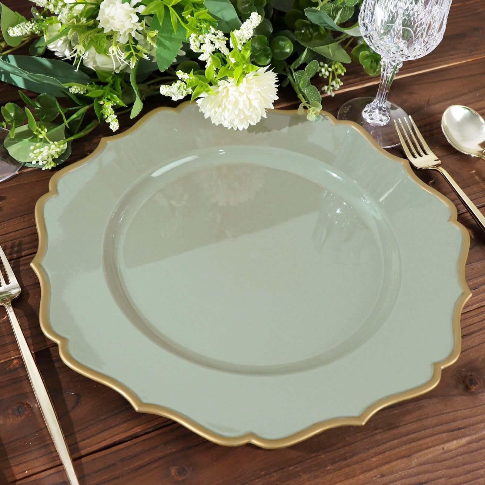 6-Pack Acrylic Round Charger Plates 13 in Dusty Sage Green with Gold Scalloped Rim, Decorative Dinner Party Plastic Charger Tableware