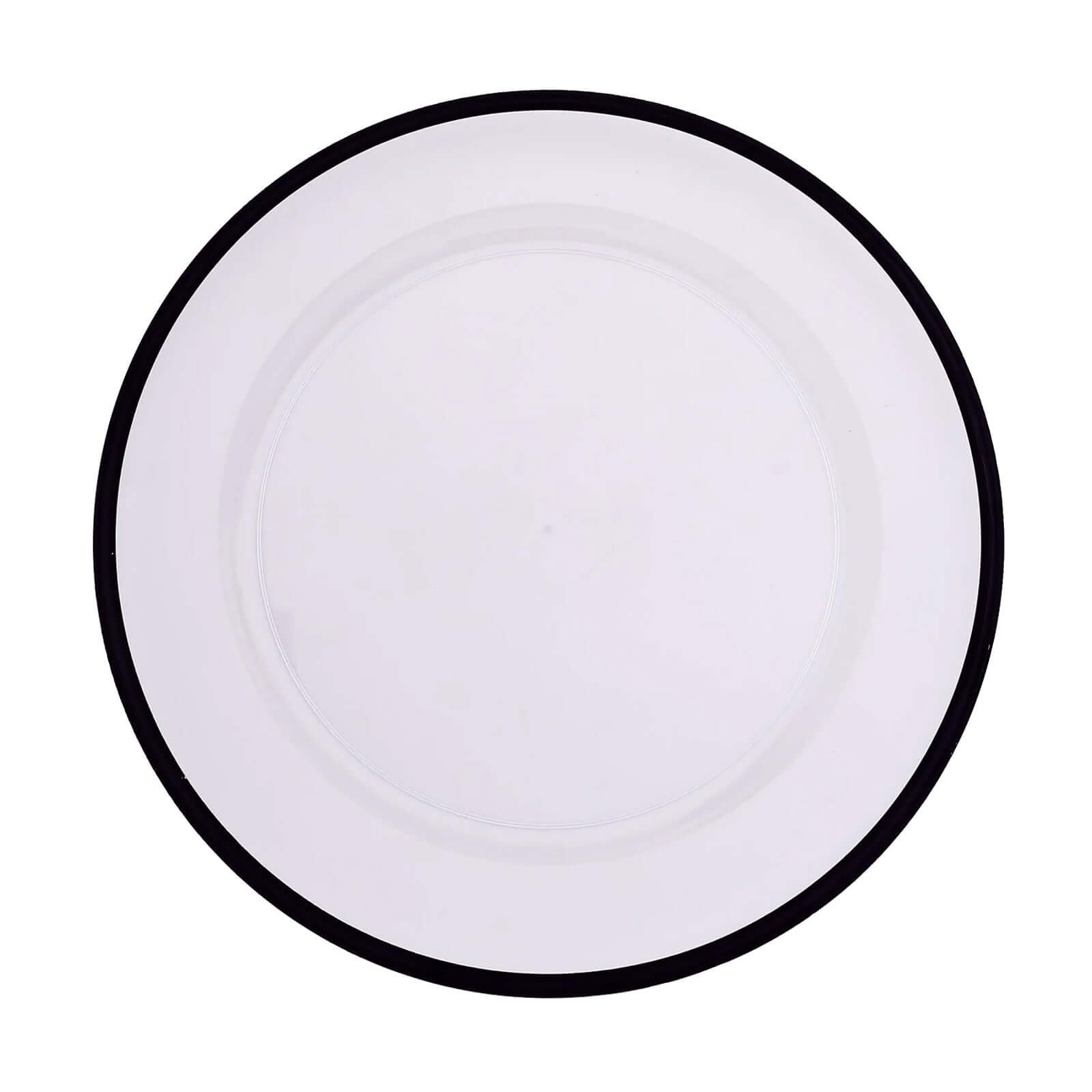 10-Pack Economy Plastic Round Charger Plates 12 in Clear with Wide Black Rim, Decorative Dinner Party Serving Plates