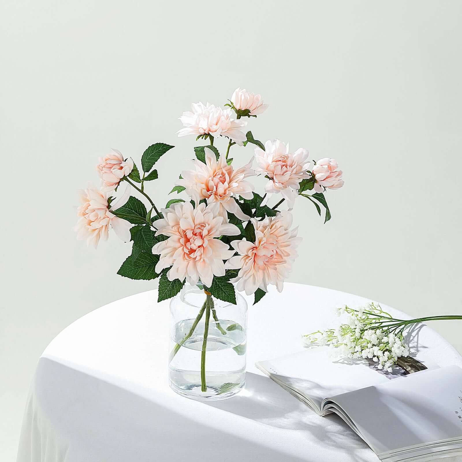 30 Tall Blush Artificial Dahlia Silk Flower Stems, Faux Floral Spray