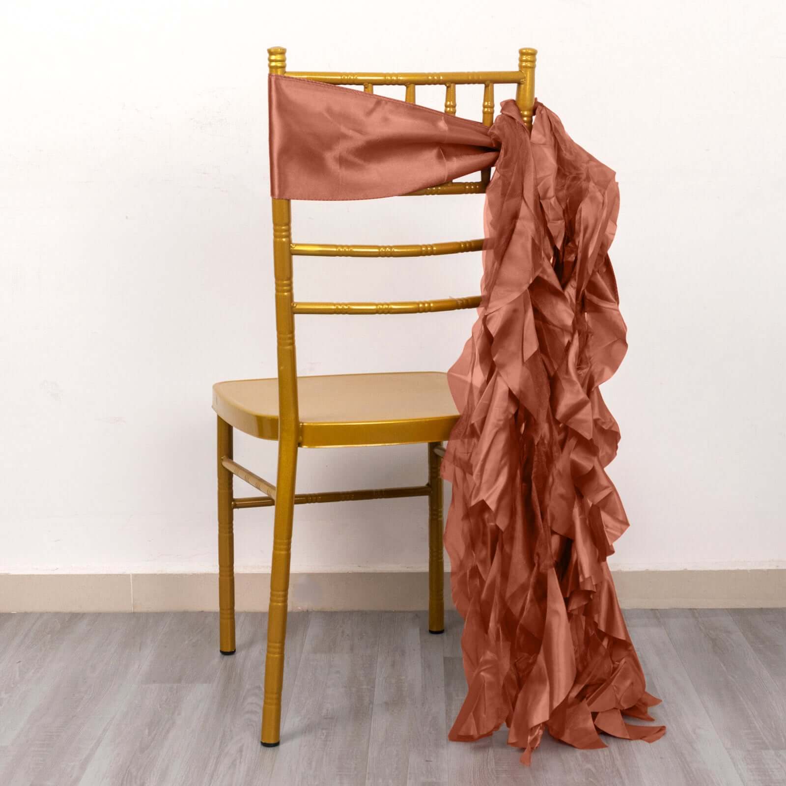 5 Pack Chiffon Satin Chair Sashes Terracotta (Rust) - Easy to Install Ruffled Curly Willow