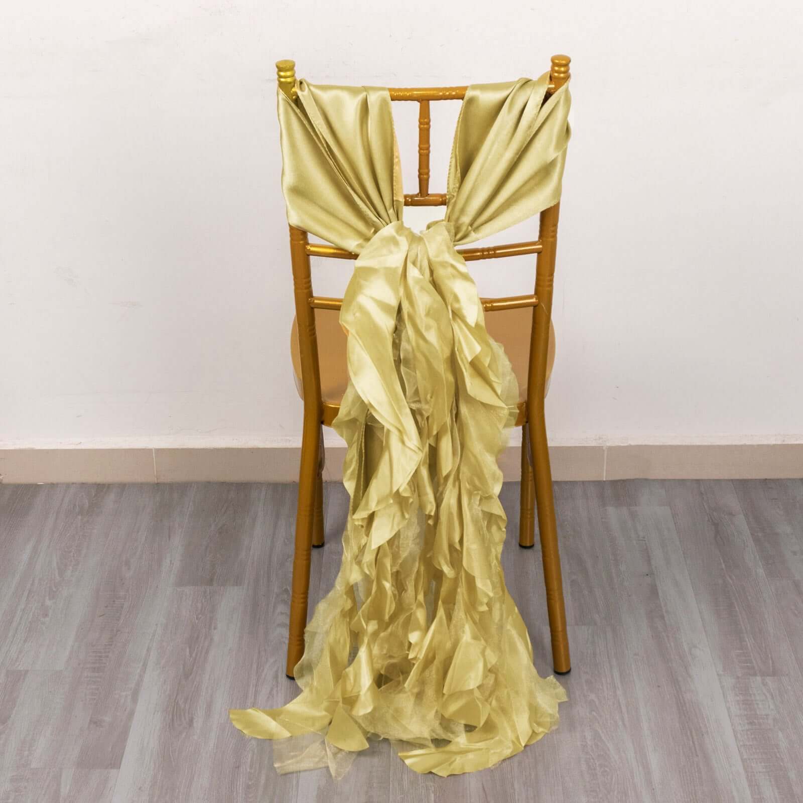 5 Pack Chiffon Satin Chair Sashes Champagne - Easy to Install Ruffled Curly Willow