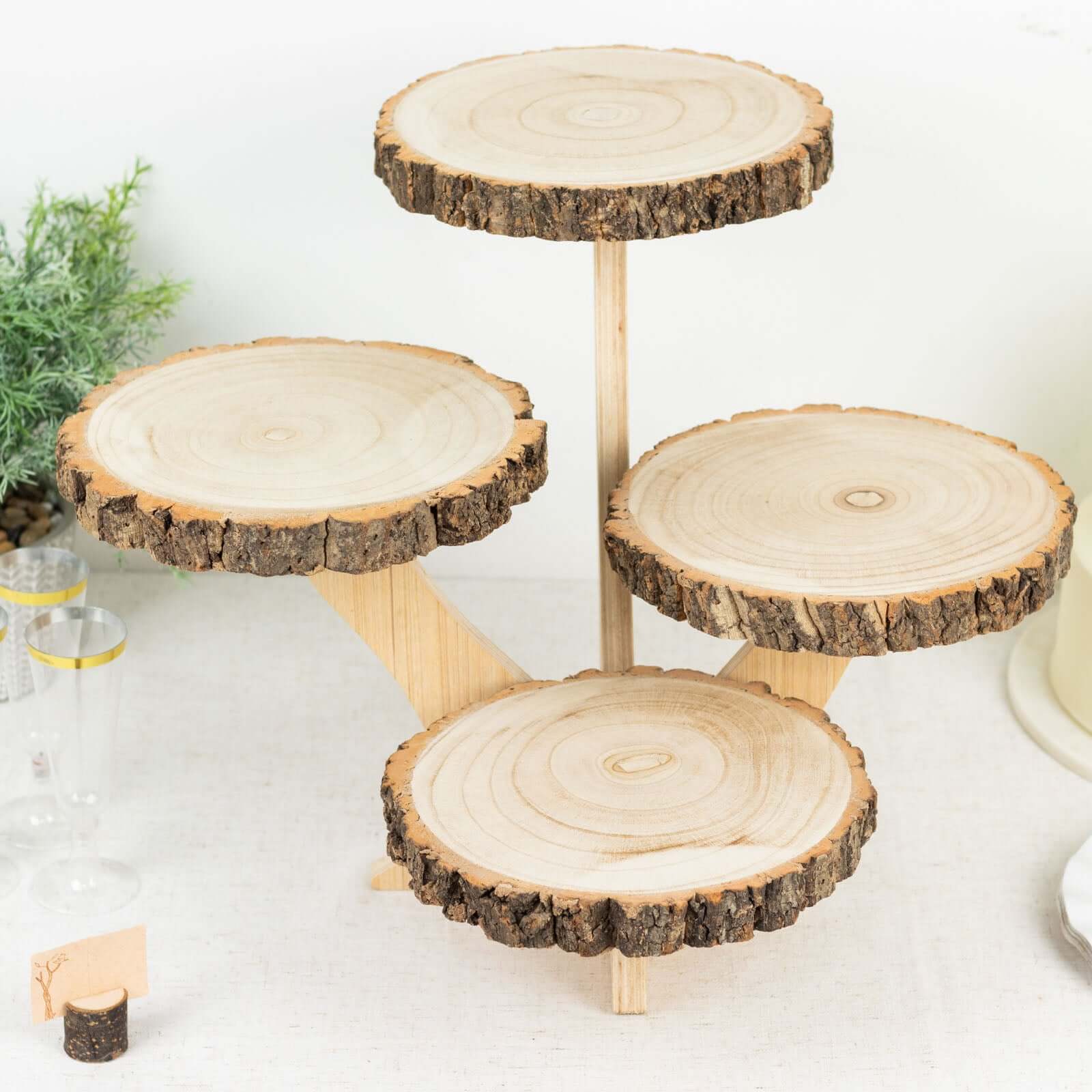 4-Tier Wooden Cupcake Stand Farmhouse Style Natural Wood Slice Design - Rustic Dessert Display Cake Holder 15 Tall