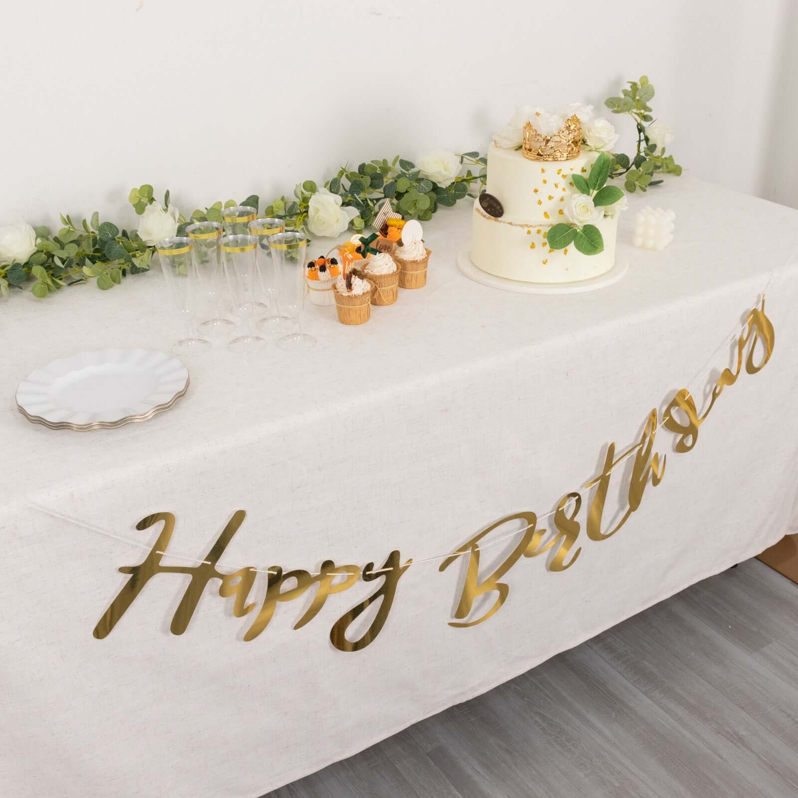 10ft Pre-Strung Metallic Gold Foil Happy Birthday Banner, Party Photo Backdrop Hanging Garland - 250 GSM