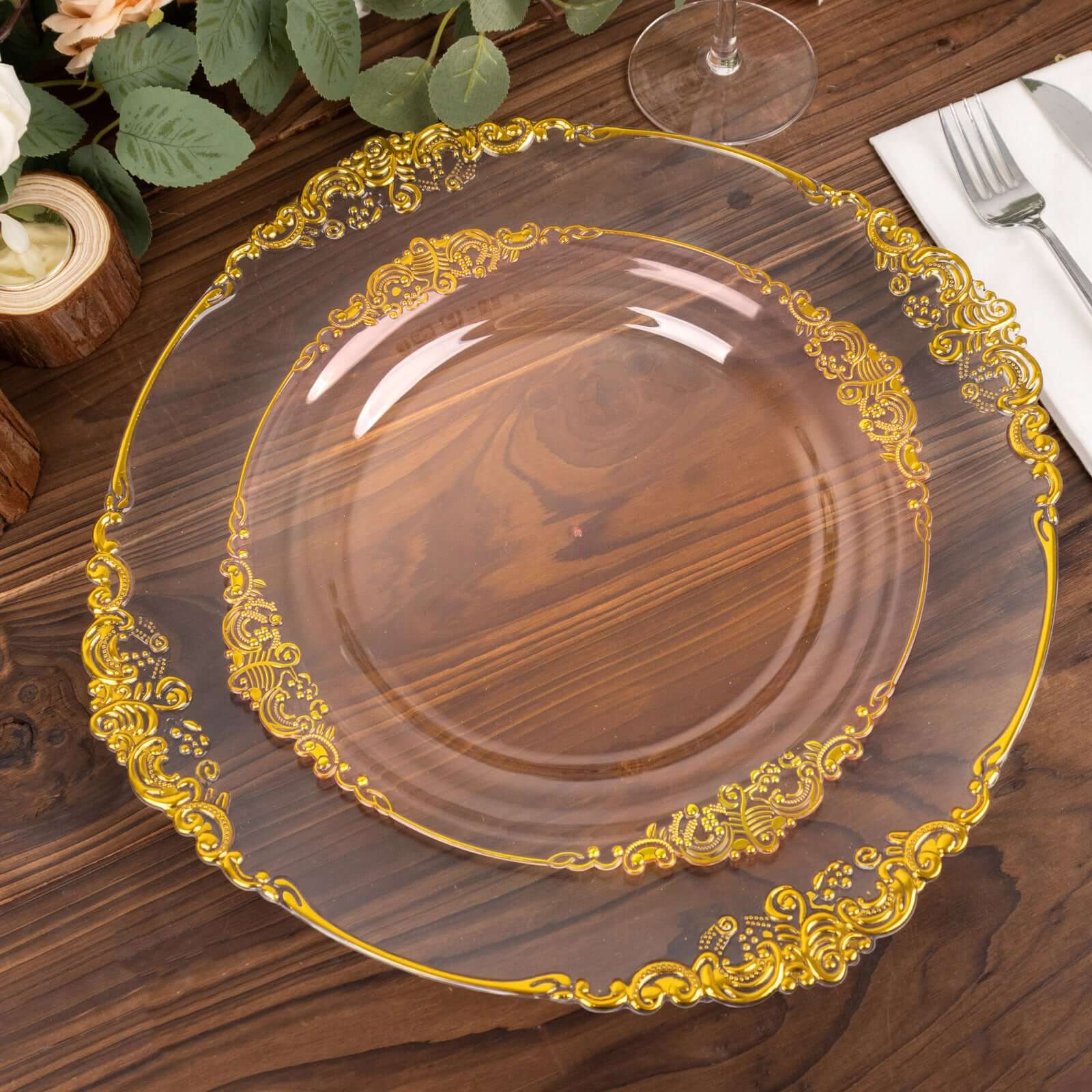 10-Pack Plastic 10 Round Dinner Plates in Transparent Blush with Gold Leaf Embossed Rim - Disposable Vintage Baroque Style Plates