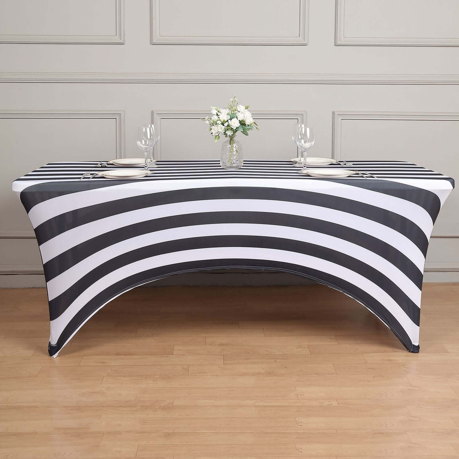 Stretch Spandex 72x30 Rectangle Tablecloth Black/White Vertical Stripes - Durable Form-Fitting Table Cover for Events & Presentations