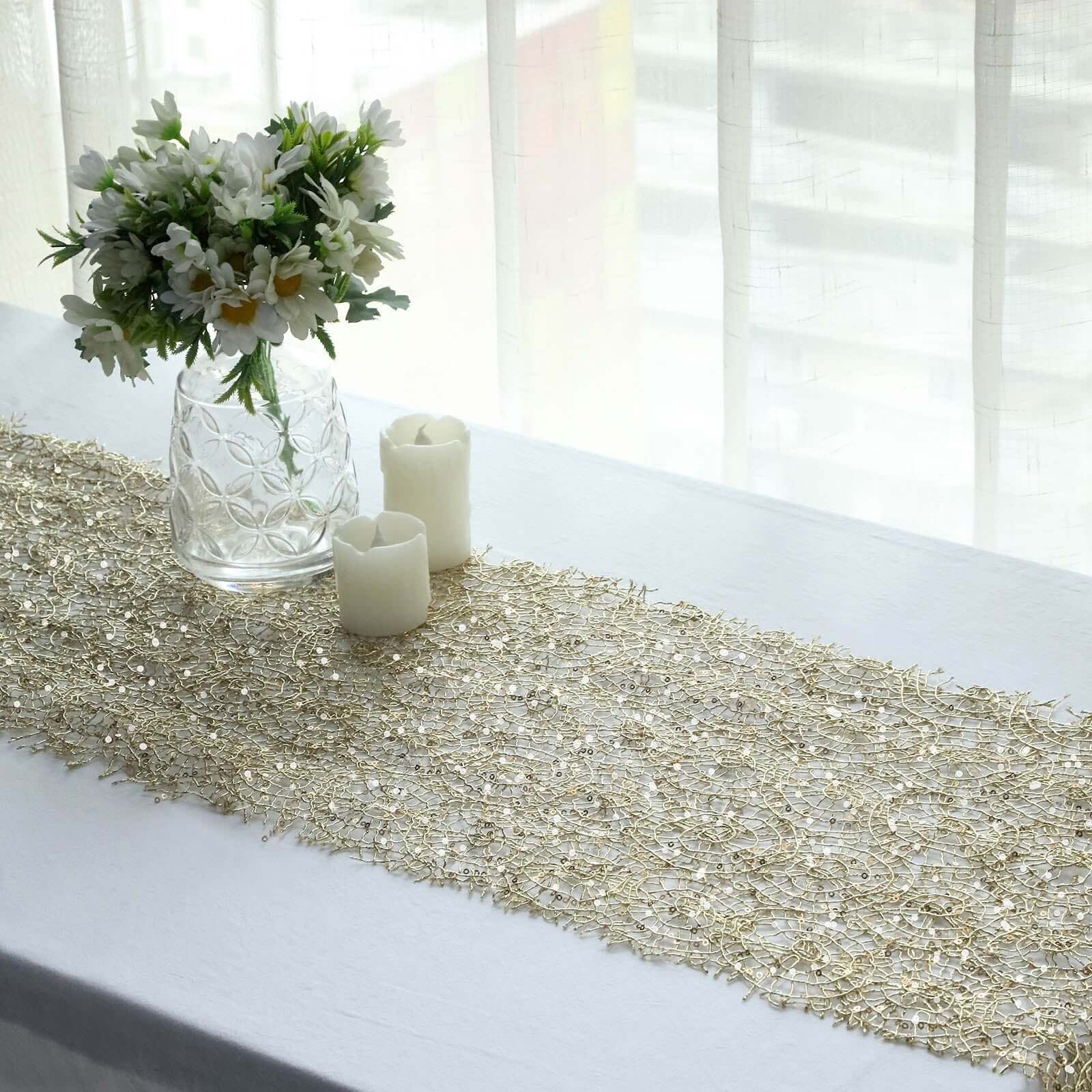 Mesh 12x108 Table Runner Gold - Sequin Schiffli Lace Design for Stylish Celebrations