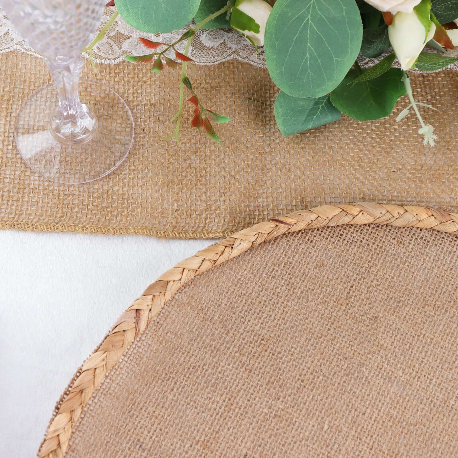 4-Pack Placemats Braided Edge Design Natural Burlap Jute Round - Rustic Farmhouse Style with Trim 15