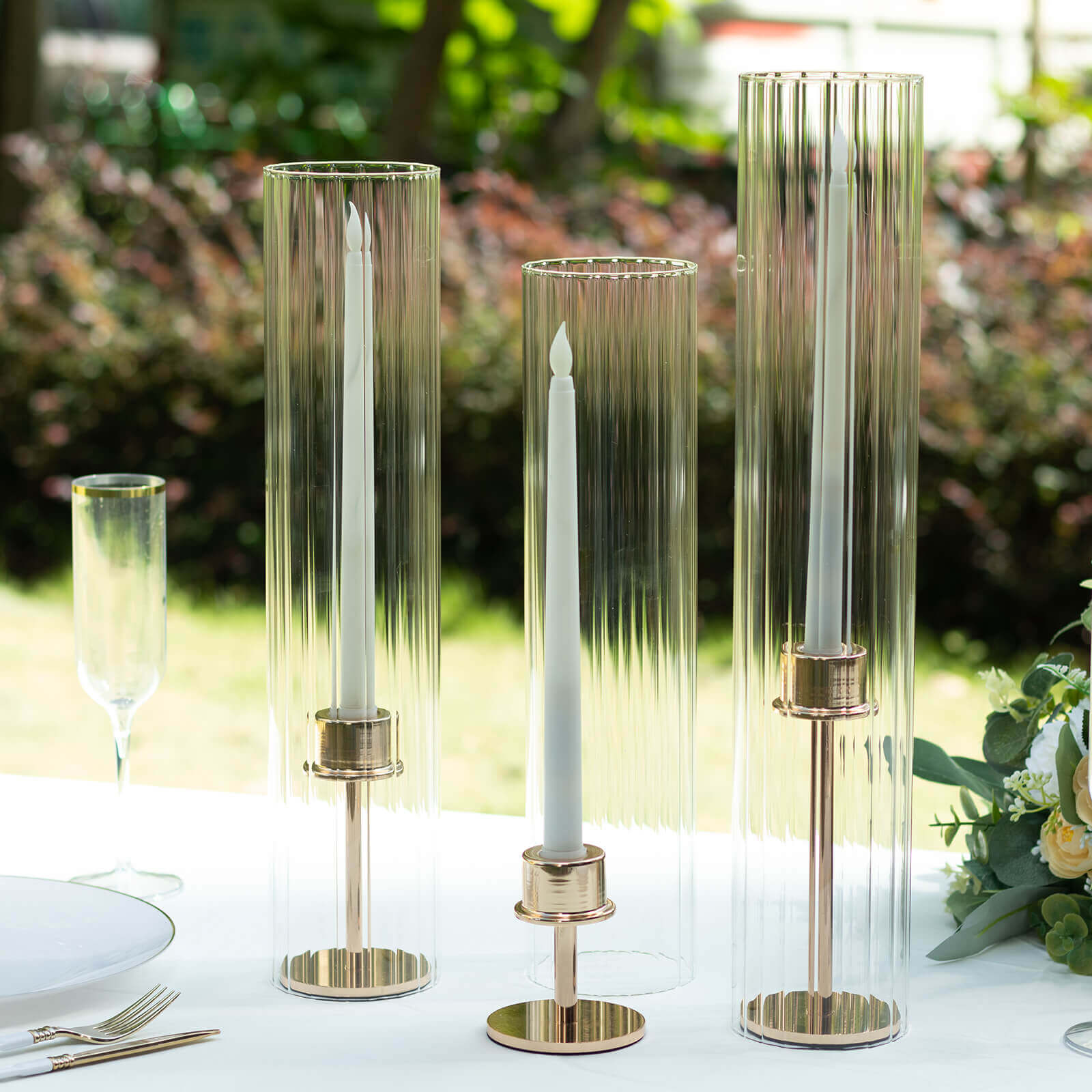 Set of 3 Clear Ribbed Glass Hurricane Shades Open End Design - Stylish Candelabra Pillar Candle Holder Table Centerpiece 15, 17, 19