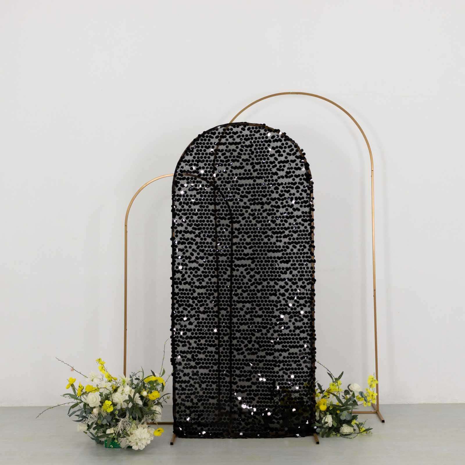 6ft Sparkly Black Big Payette Sequin Fitted Wedding Arch Cover for Round Top Chiara Backdrop Stand