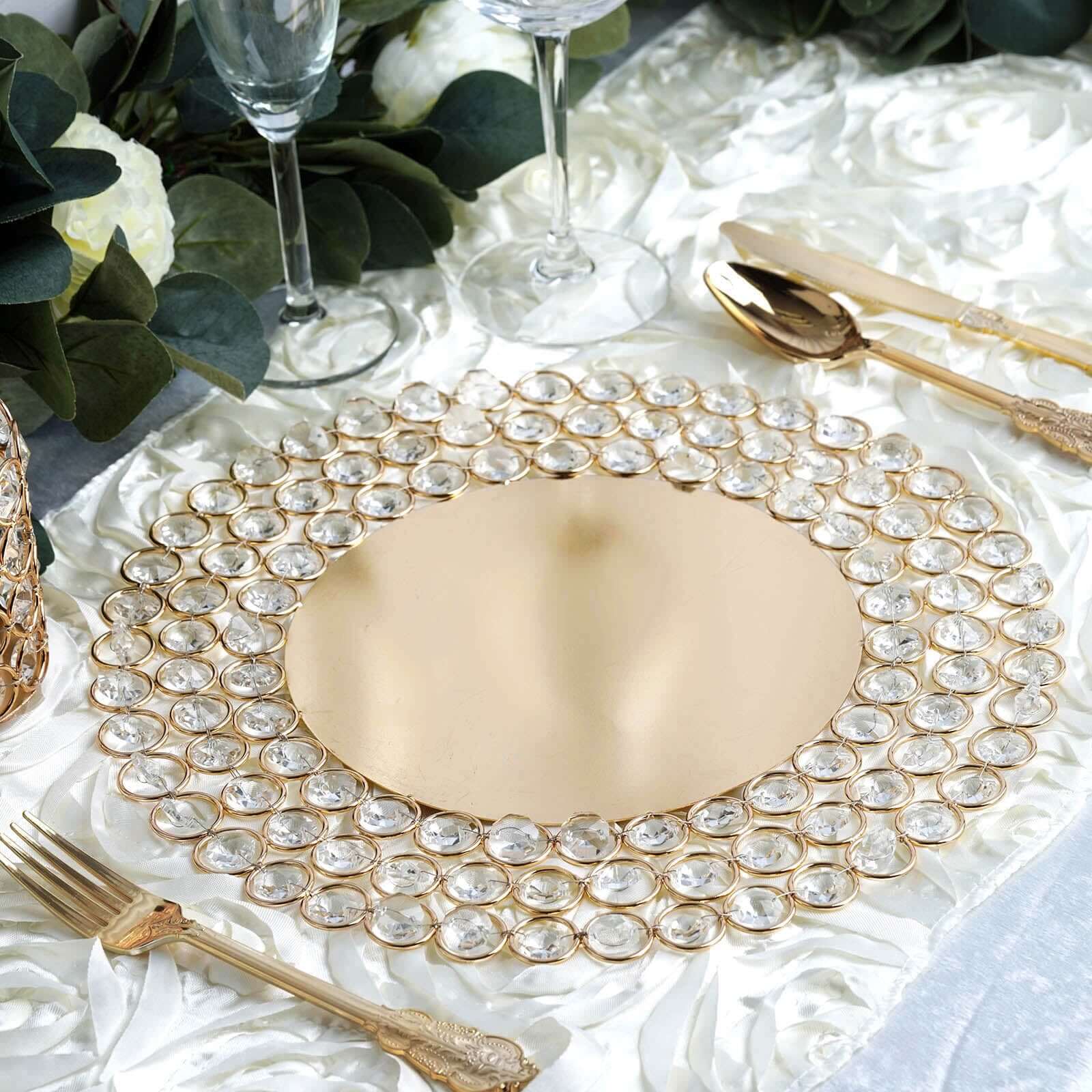 Wired Metal Round Charger Plate 14 in Gold with Acrylic Crystal Beads, Glamorous Decorative Dinner Charger Tableware