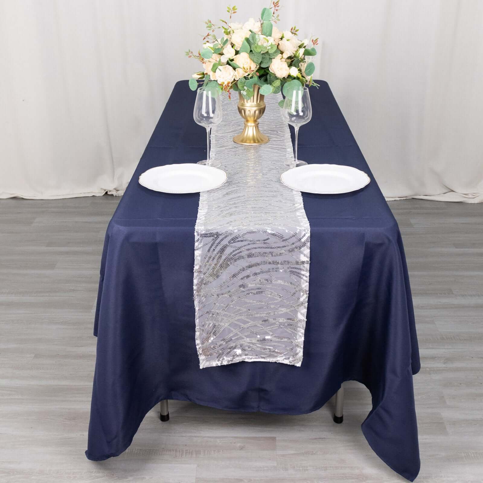 Sequin Mesh 12x108 Table Runner Silver Stylish Wave Embroidery