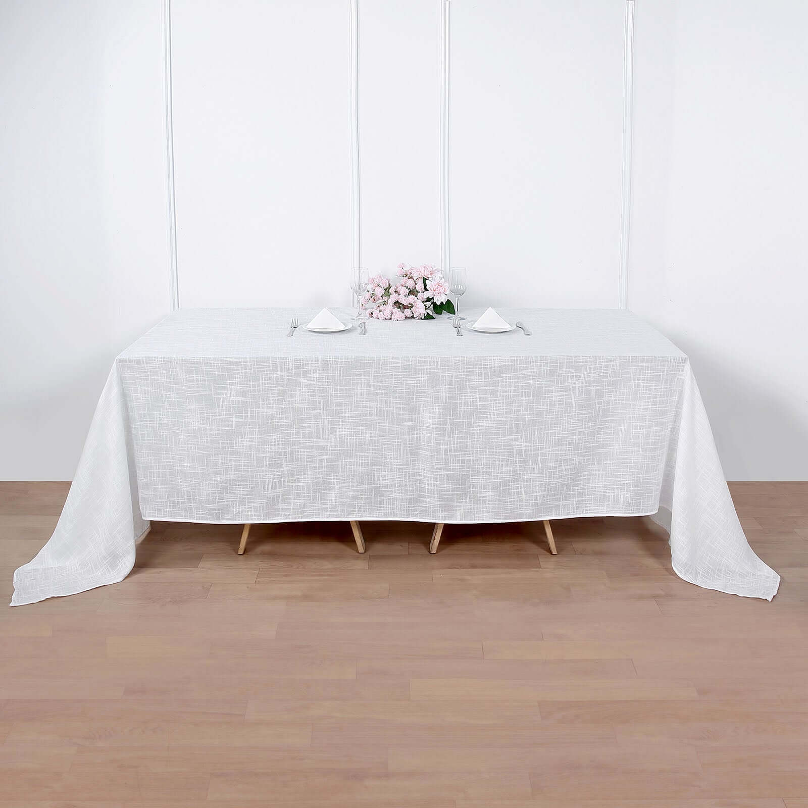 Faux Linen 90x156 Rectangular Tablecloth White - Slubby Texture Wrinkle-Resistant Seamless Table Cover for Weddings and Events