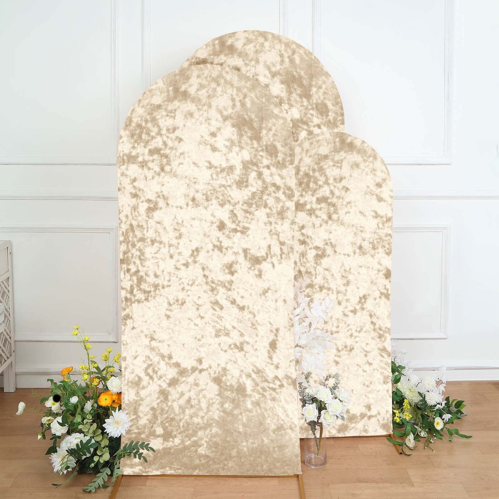 Set of 3 Champagne Crushed Velvet Chiara Backdrop Stand Covers For Round Top Wedding Arches - 5ft, 6ft, 7ft