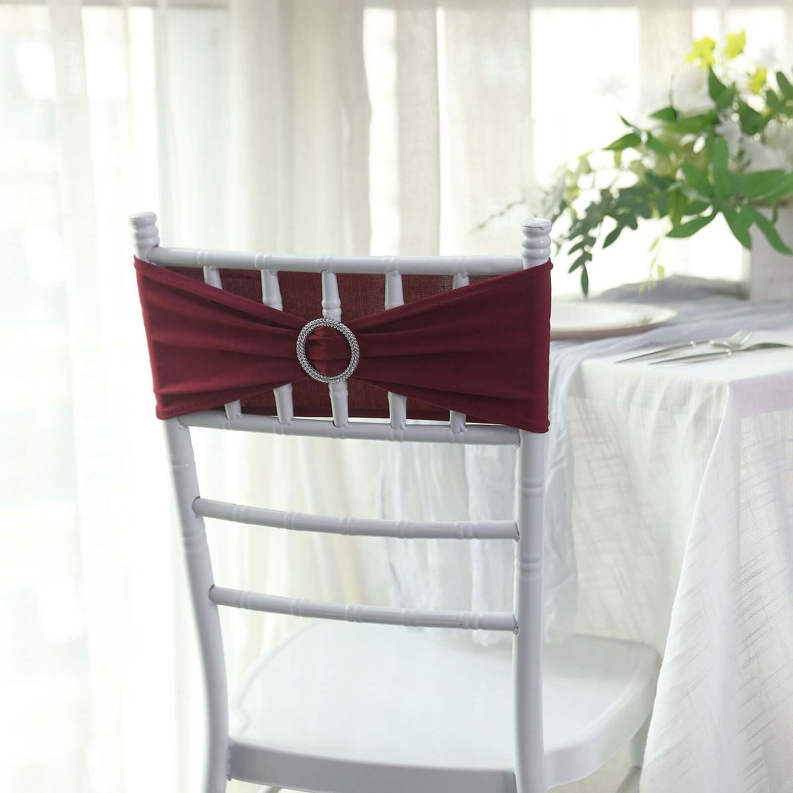 5 Pack Stretch Spandex Chair Sashes Burgundy - Reusable Chair Bands with Silver Diamond Ring Slide Buckle 5x14