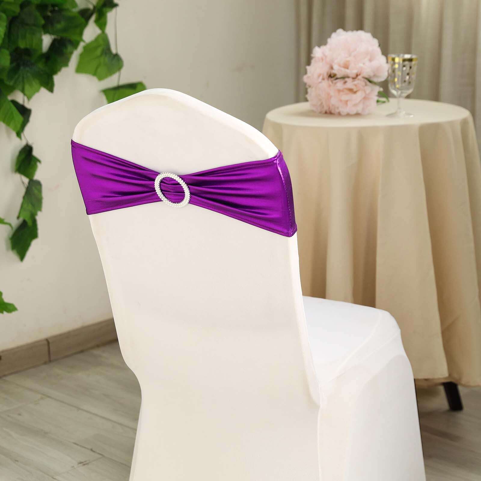 5 Pack Metallic Spandex Chair Sashes Purple - Stretch Fit Chair Bands With Round Diamond Buckles