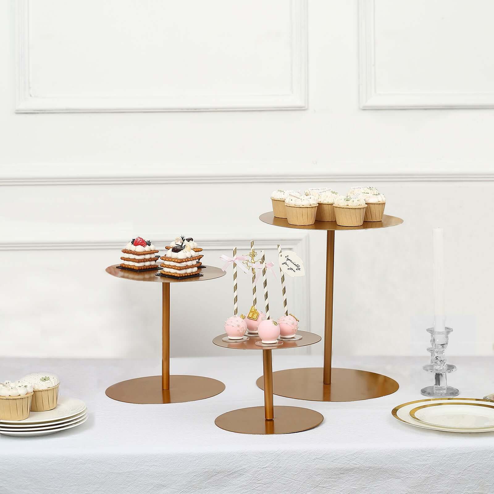 Set of 3 Metal Pedestal Cake Stands Heavy Duty Round Design Gold - Cupcake Dessert Display Props 8, 10, 12